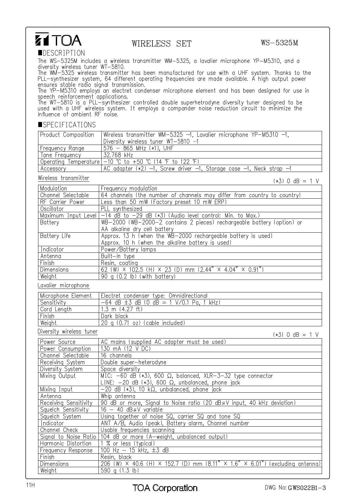 TOA WS-5325M-H01US User Manual