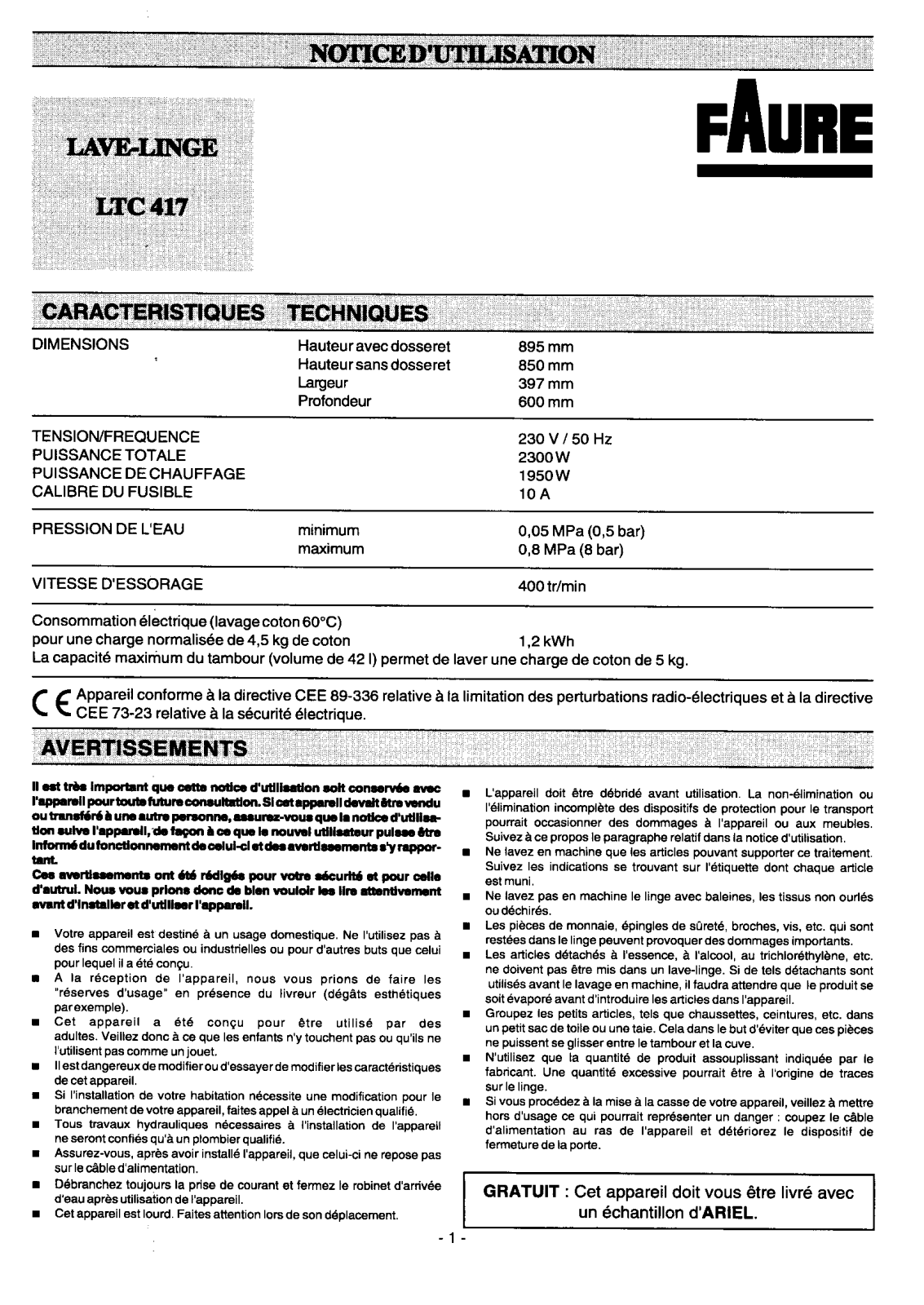 FAURE LTC417 User Manual