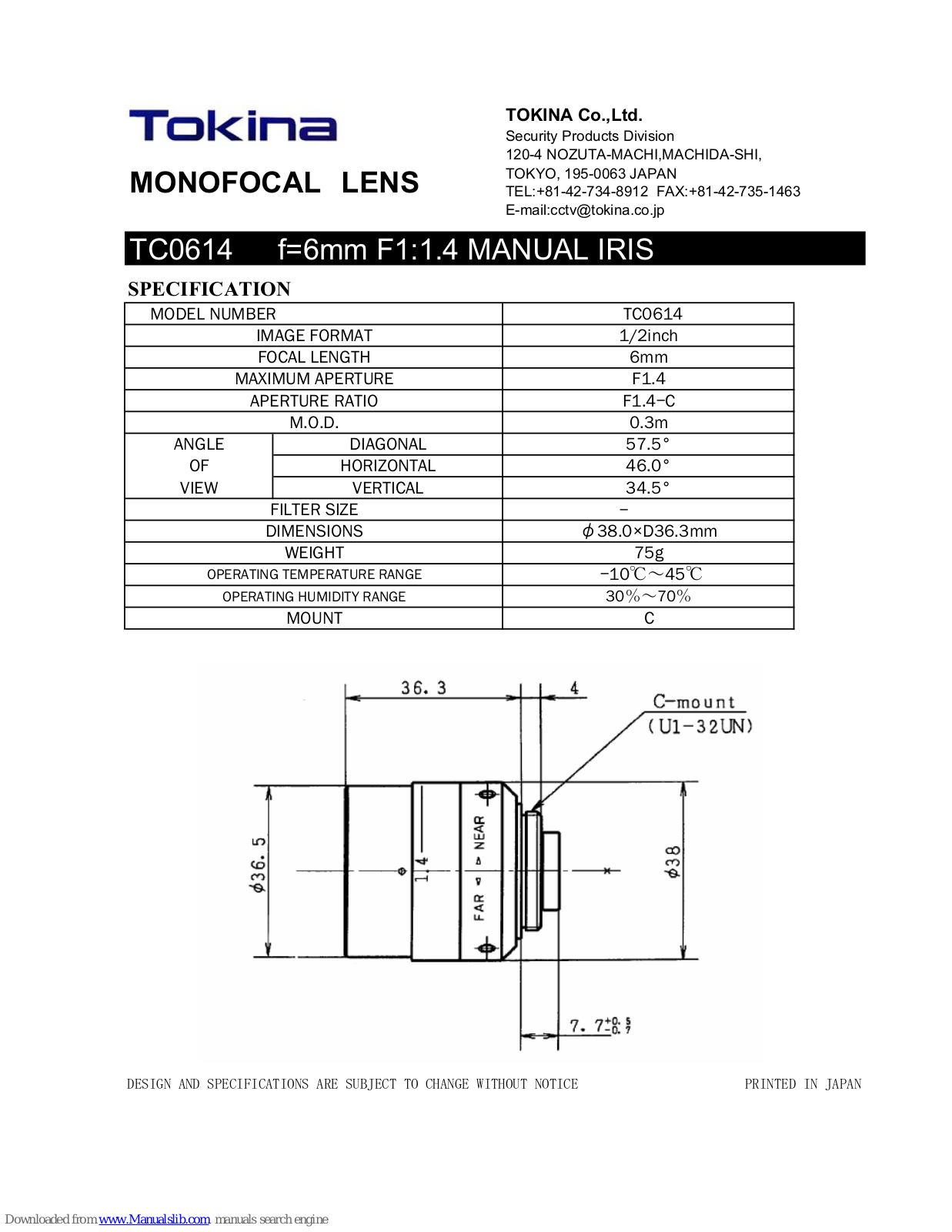 Tokina Monofocal Lens TC0614 Specification