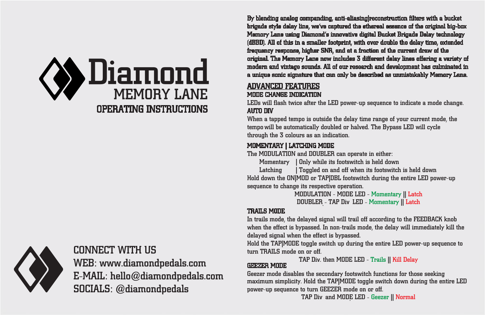 Diamond Pedals Memory Lane User guide - ManualMachine.com
