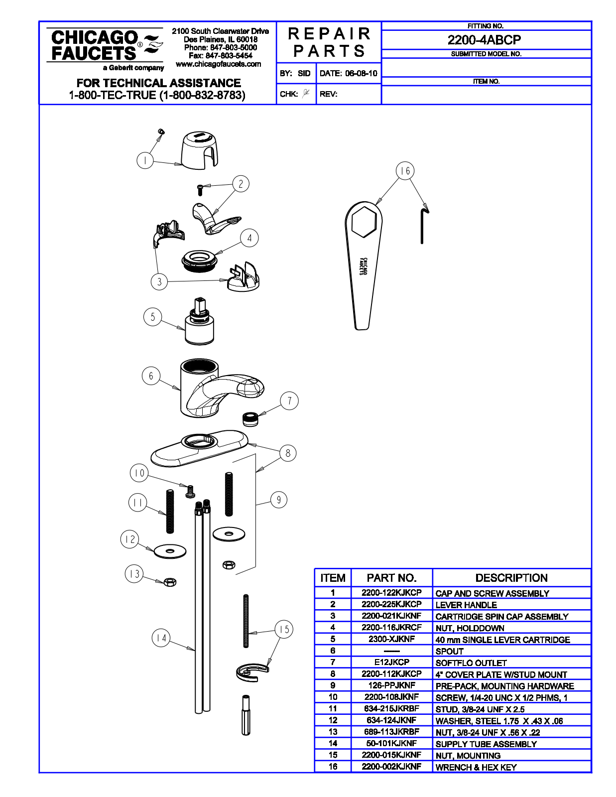 Chicago Faucet 2200-4AB Parts List