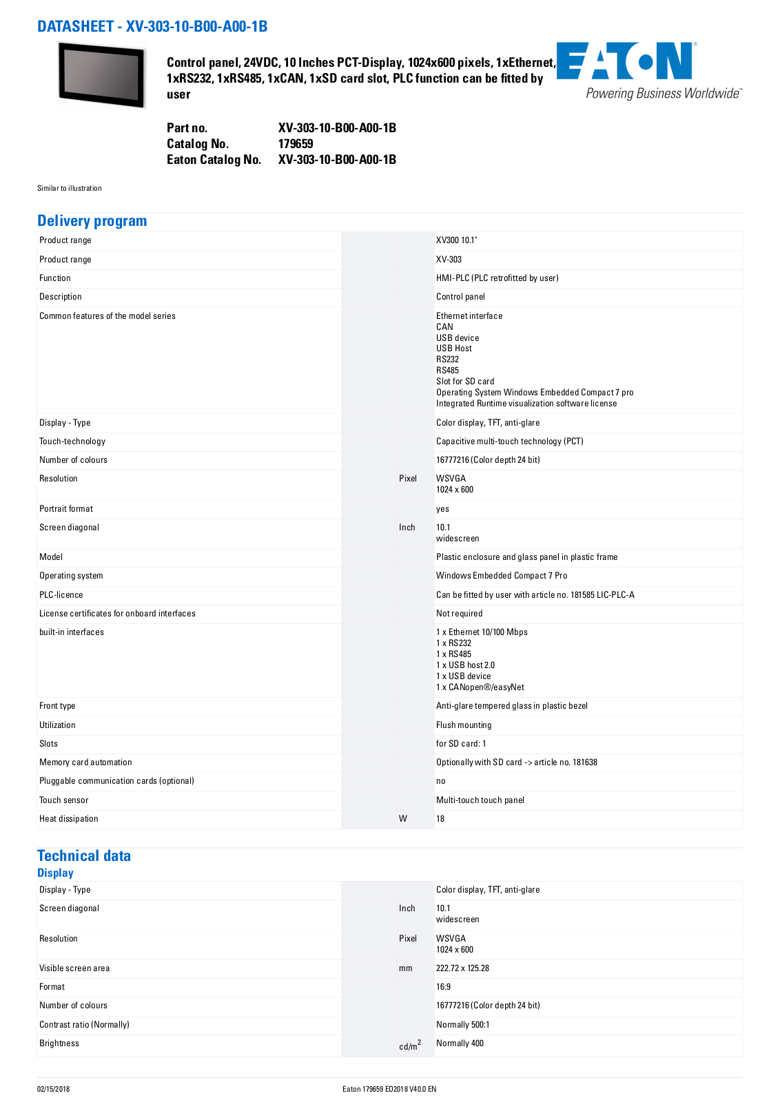 Cutler Hammer, Div of Eaton Corp XV-303-10-B00-A00-1B Data Sheet