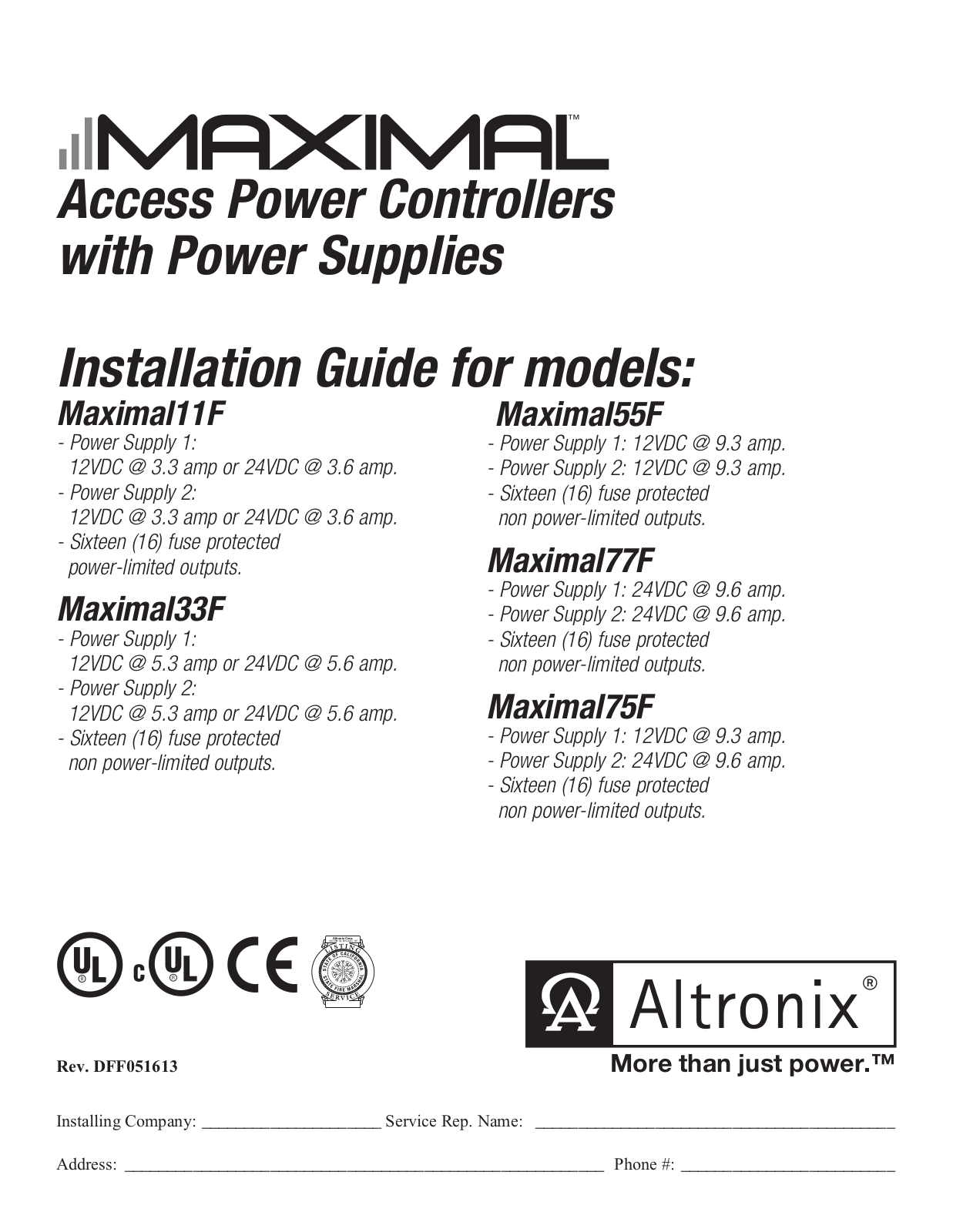 Altronix MAXIMAL77F, MAXIMAL75F, MAXIMAL55F, MAXIMAL33F, MAXIMAL11F User Manual