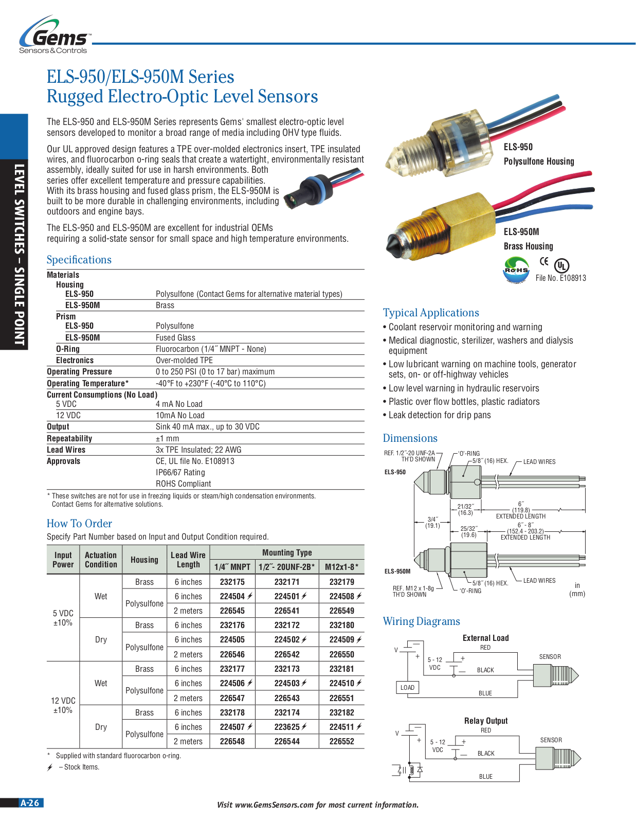 Gems Sensors & Controls ELS-950, ELS-950M Specifications