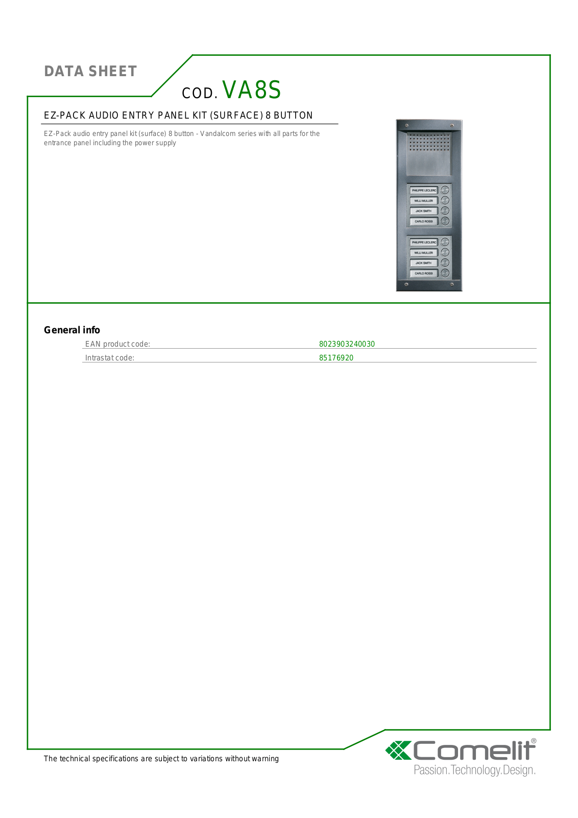 Comelit VA8S Specsheet