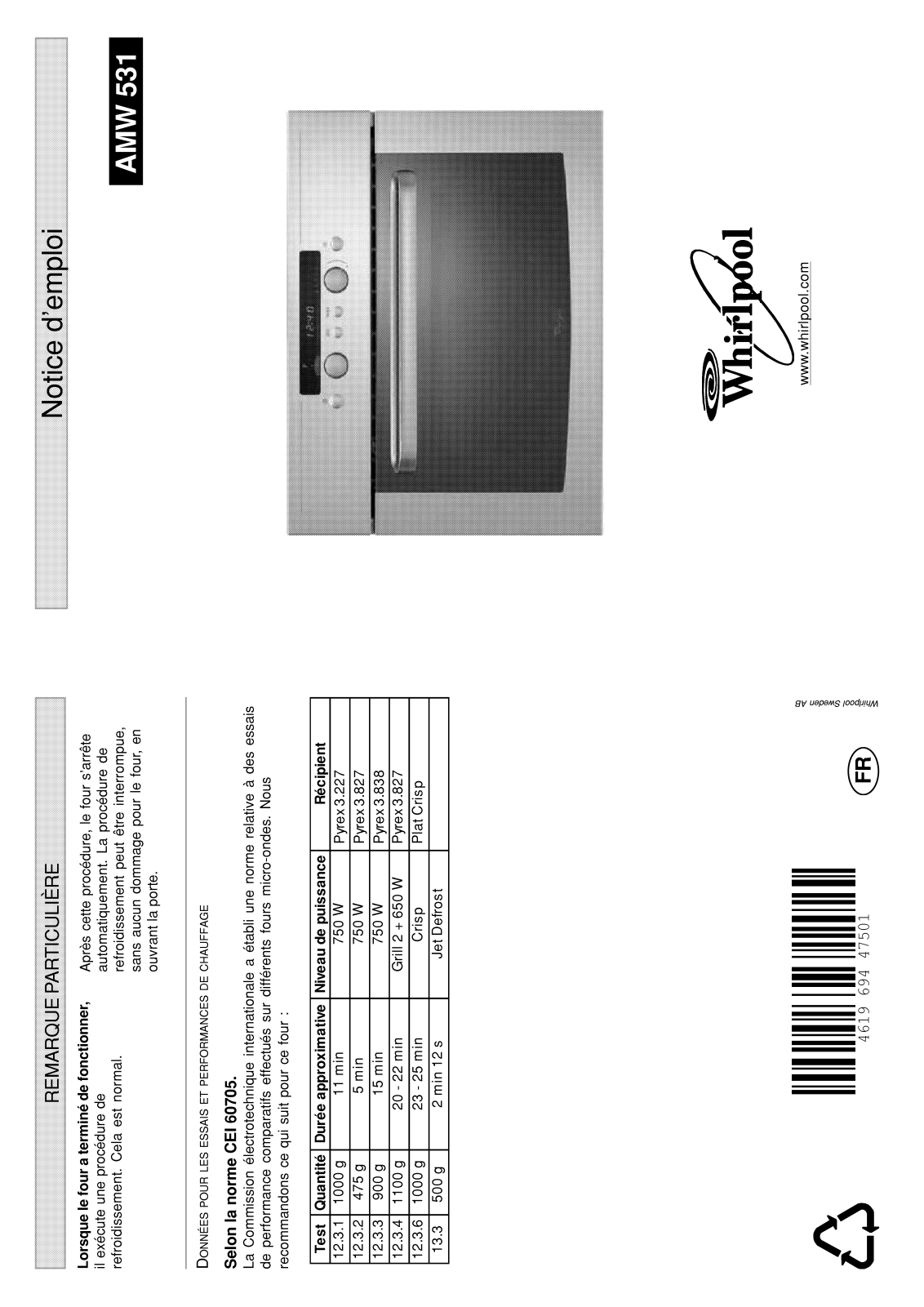 WHIRLPOOL AMW 531 User Manual