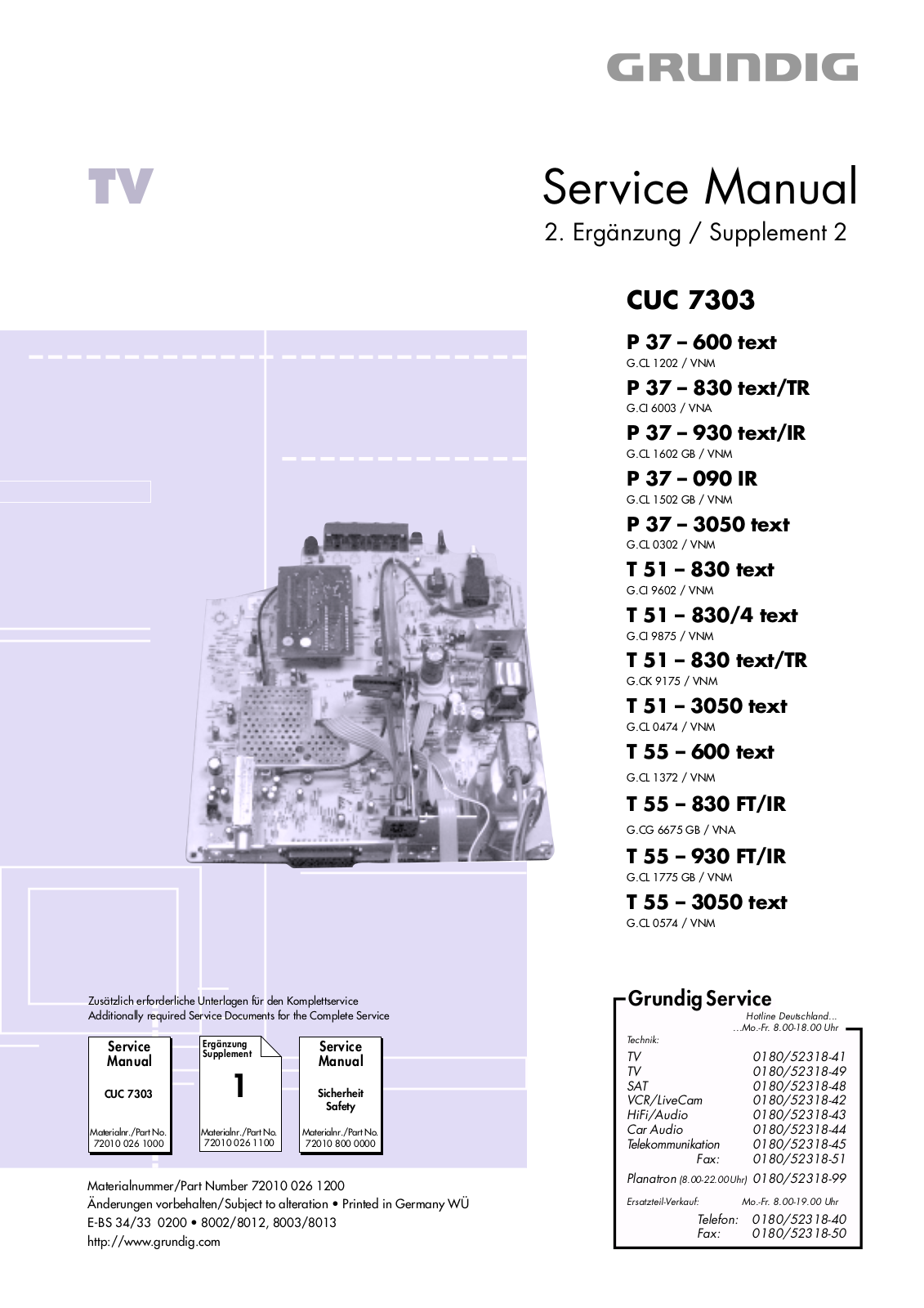 Grundig P 37 – 600, P 37 – 830 -TR, P 37 – 930 -IR, P 37 – 090 IR, P 37 – 3050 Service Manual