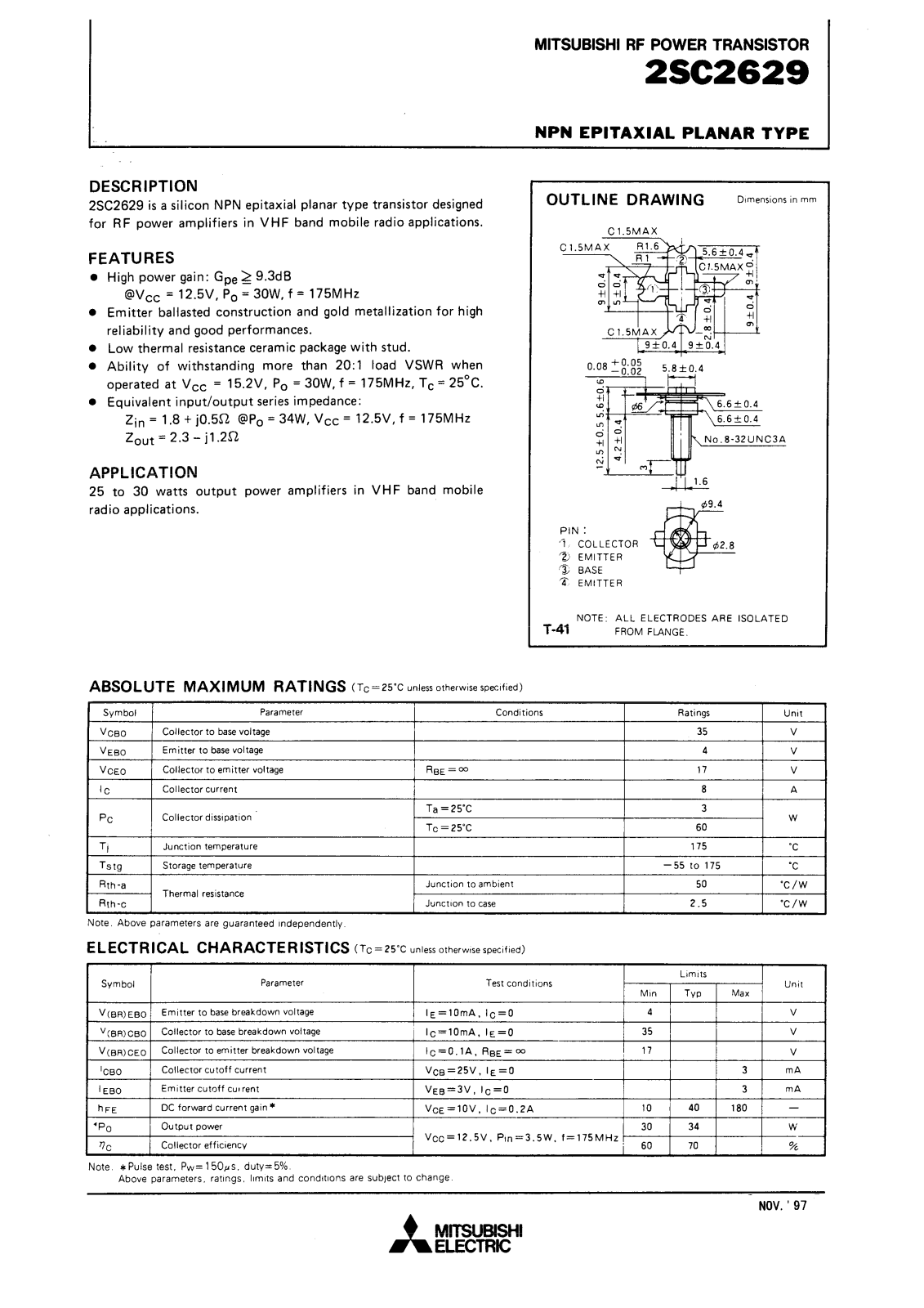 Mitsubishi Electric Corporation Semiconductor Group 2SC2629 Datasheet