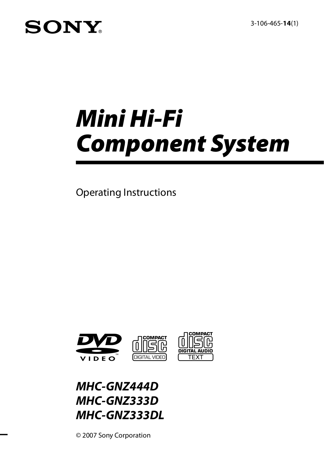 Sony MHC-GNZ444D, MHC-GNZ333DL, MHC-GNZ333D Operating Instructions Manual