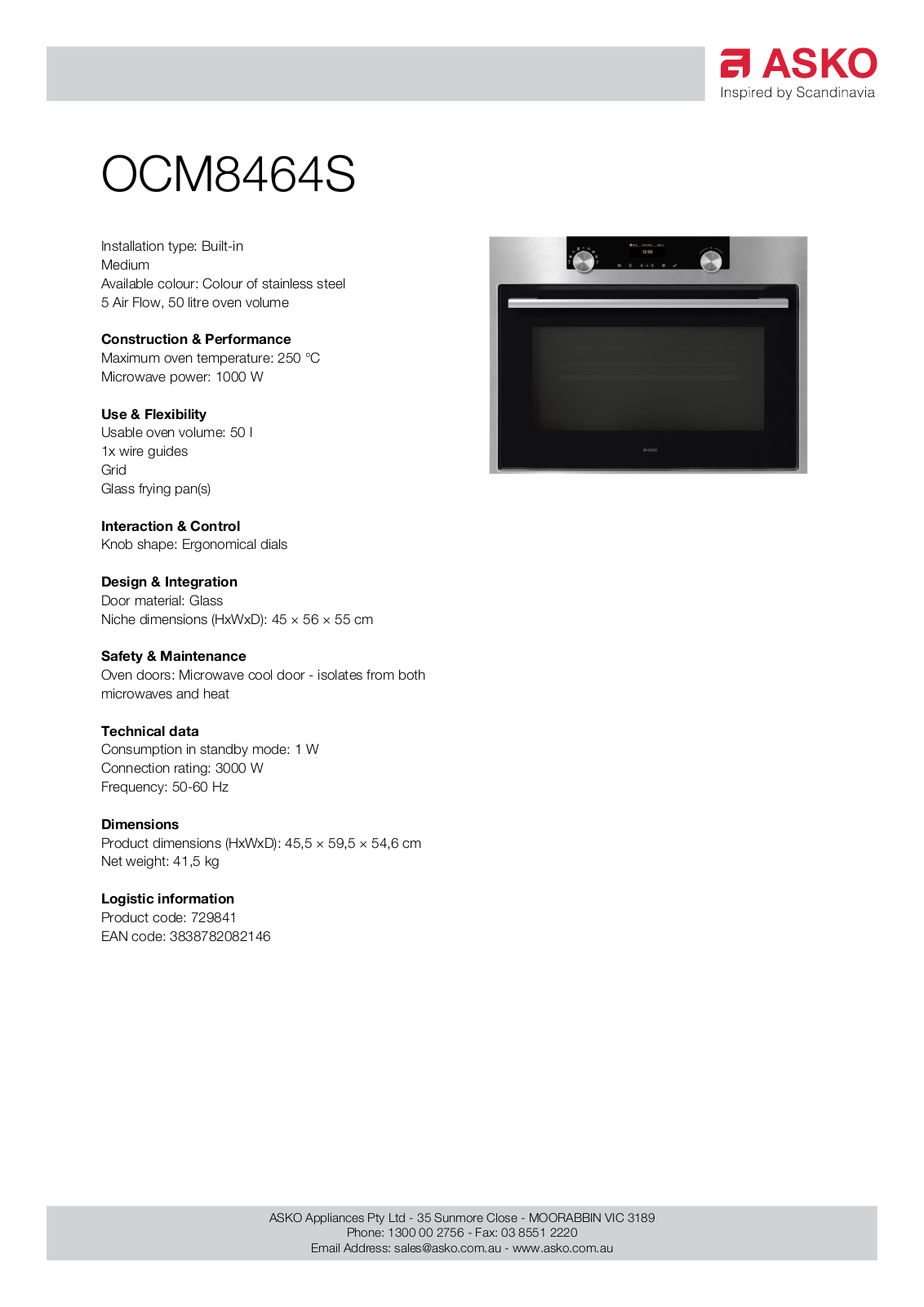 ASKO OCM8464S Specifications Sheet