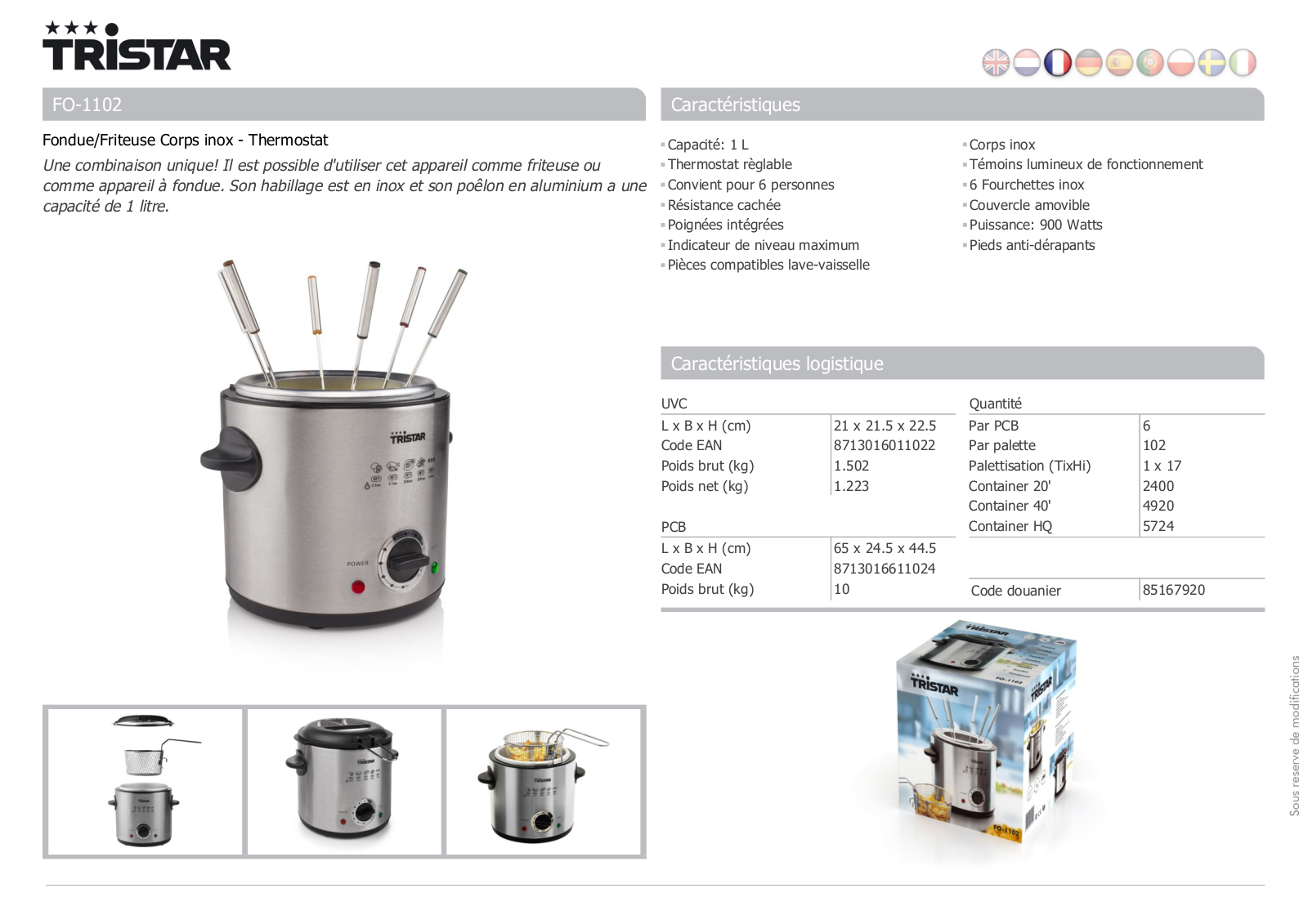 Tristar FO­-1102 product sheet