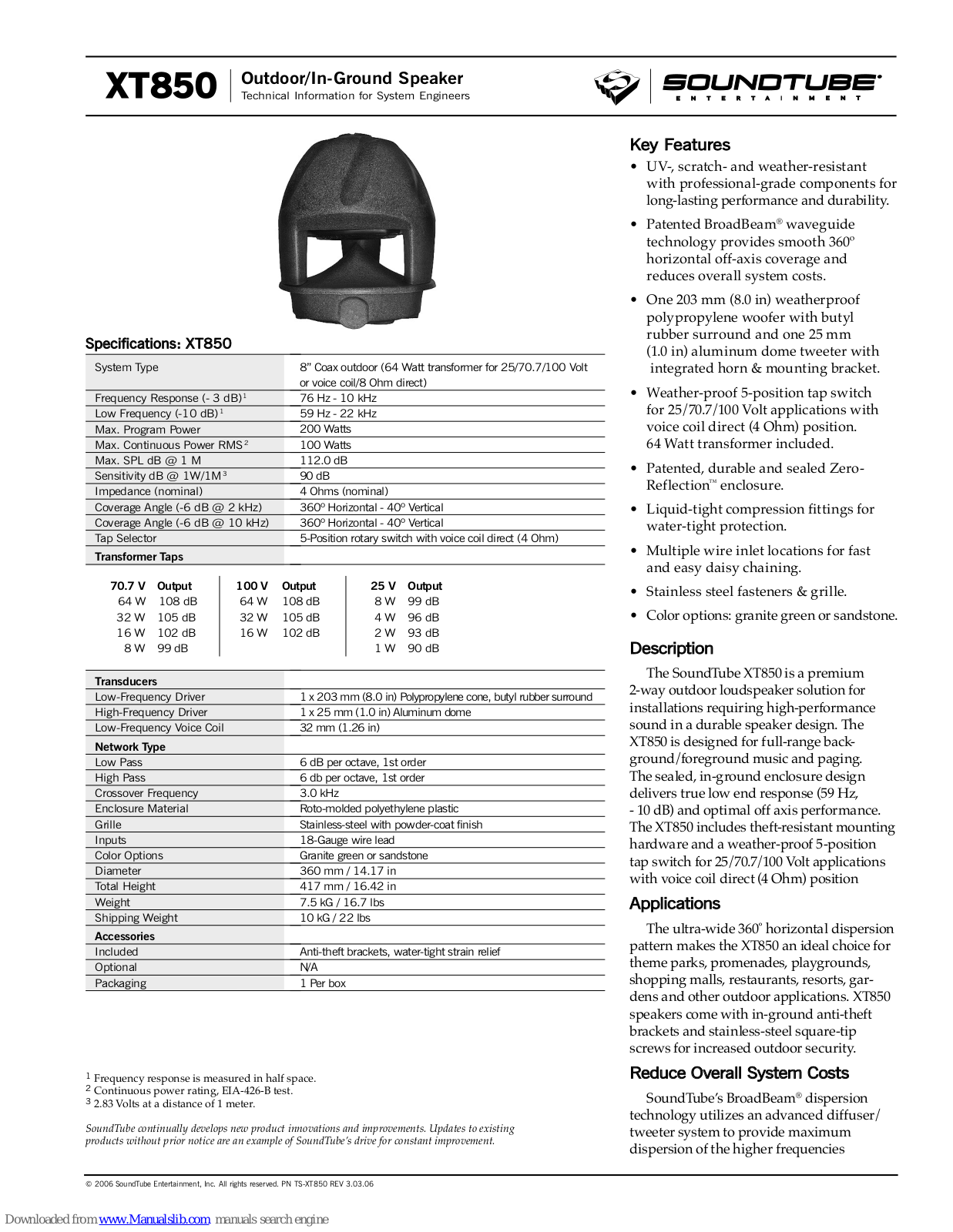 SoundTube Outdoor/In-Ground Speaker XT850 Specifications