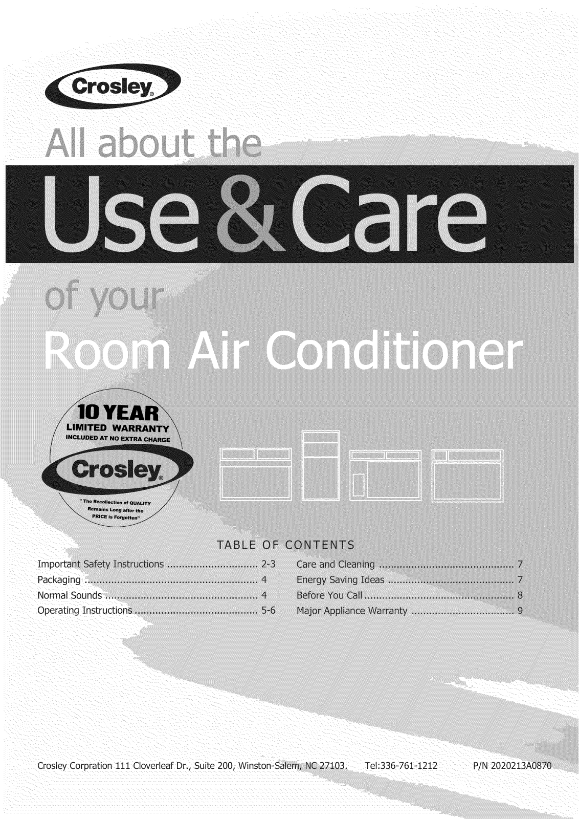Crosley CAE8MR410A13, CAE8MR410A12, CAE8MR410A11, CAE8MR410A10, CAE10MR410A11 Owner’s Manual