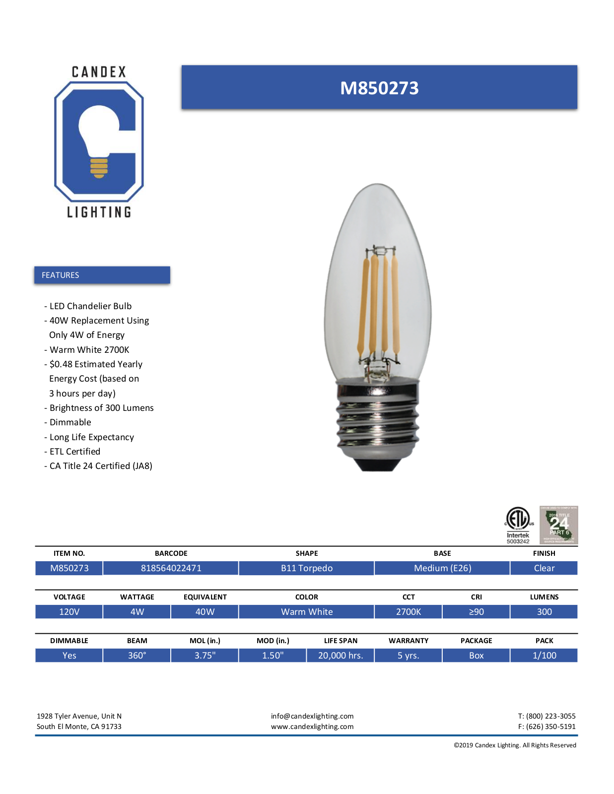 Candex Lighting CNDX1007 Specifications - ManualMachine.com