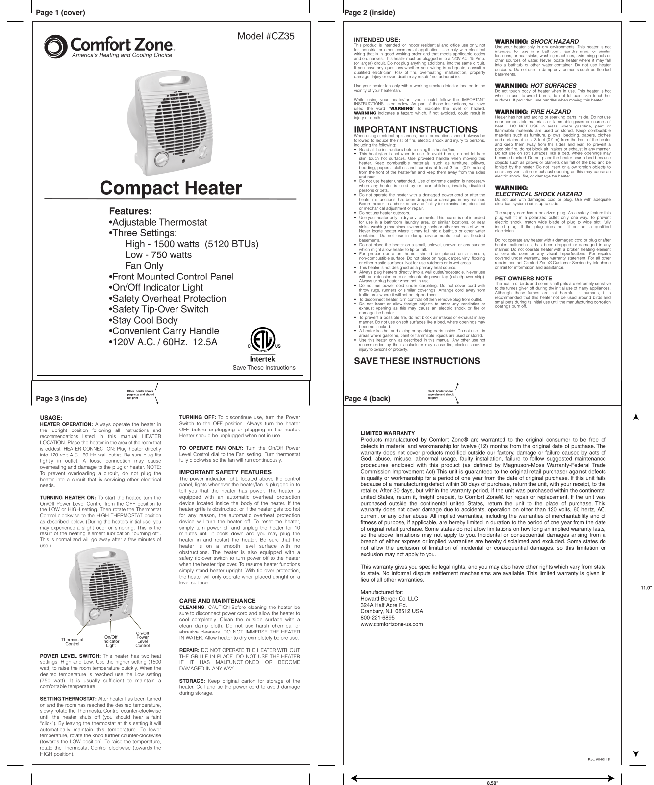 ComfortZone CZ35 User Manual