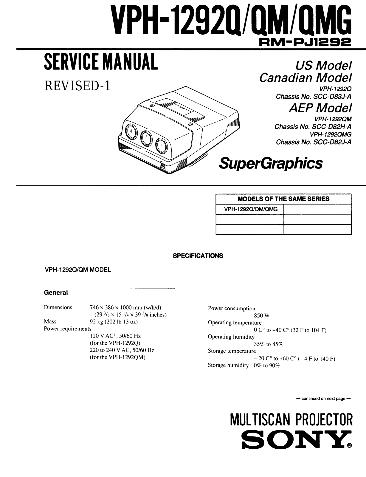 Sony VPH-1292Q, VPH-1292QM, VPH-1292QMG Service Manual