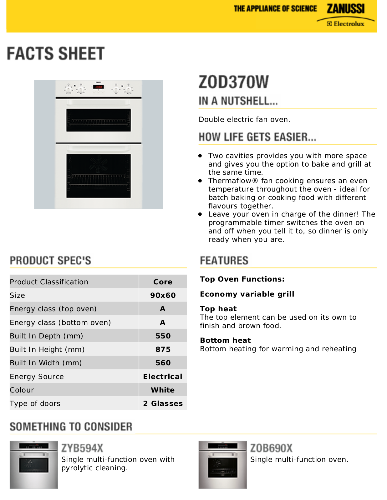 Zanussi ZOD370W Datasheet