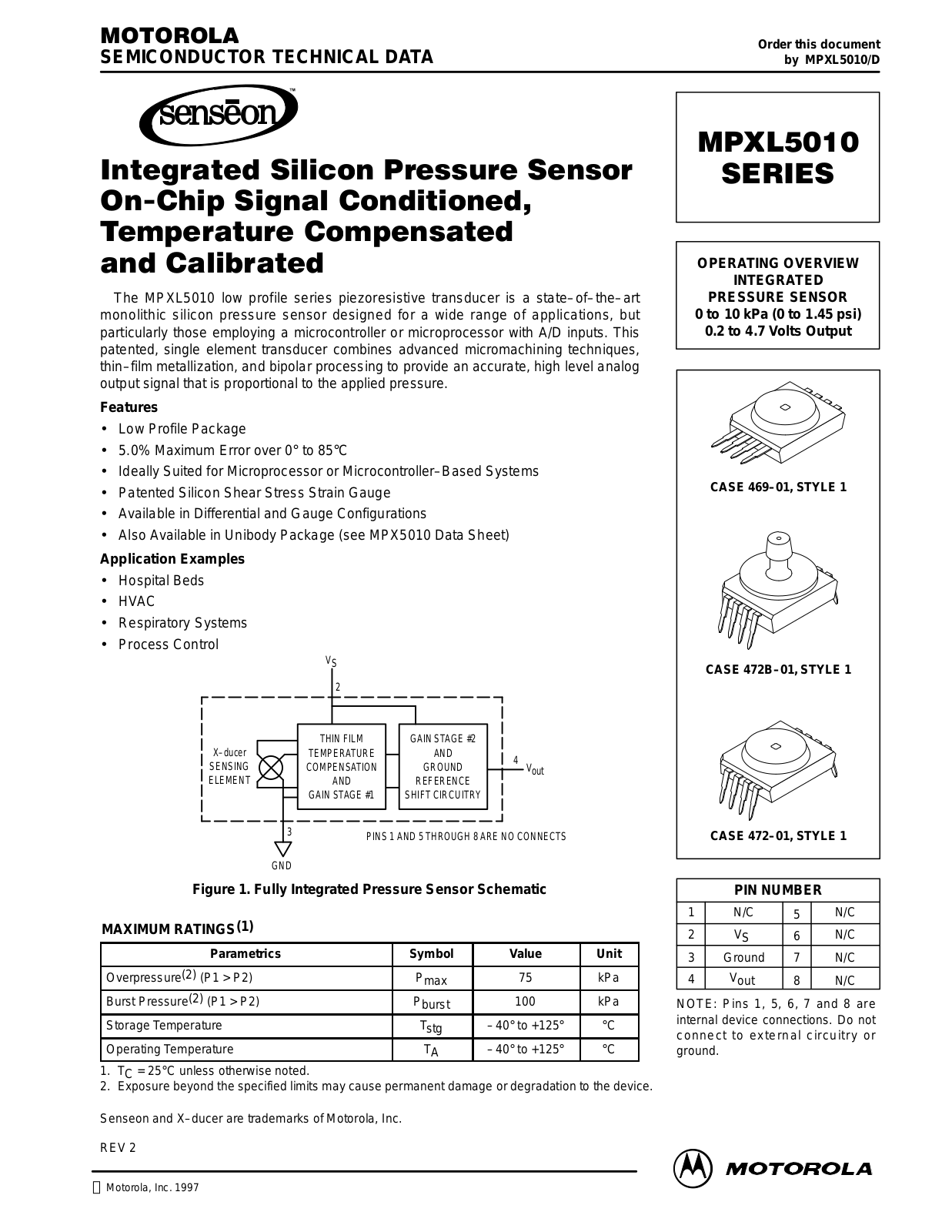 Motorola MPXL5010G7U, MPXL5010G8U, MPXL5010GC7U Datasheet