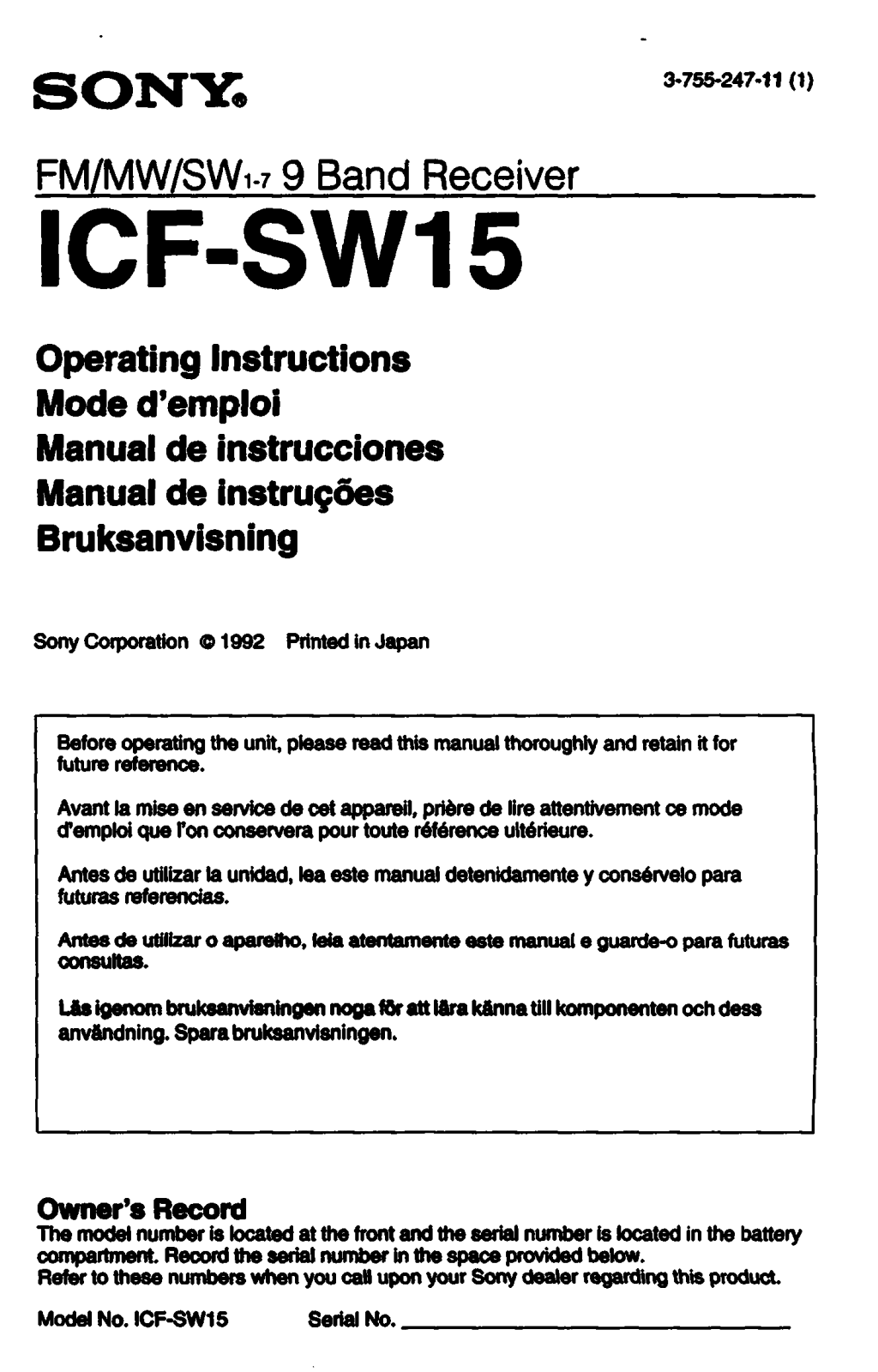 Sony ICF-SW15 Operating Instructions