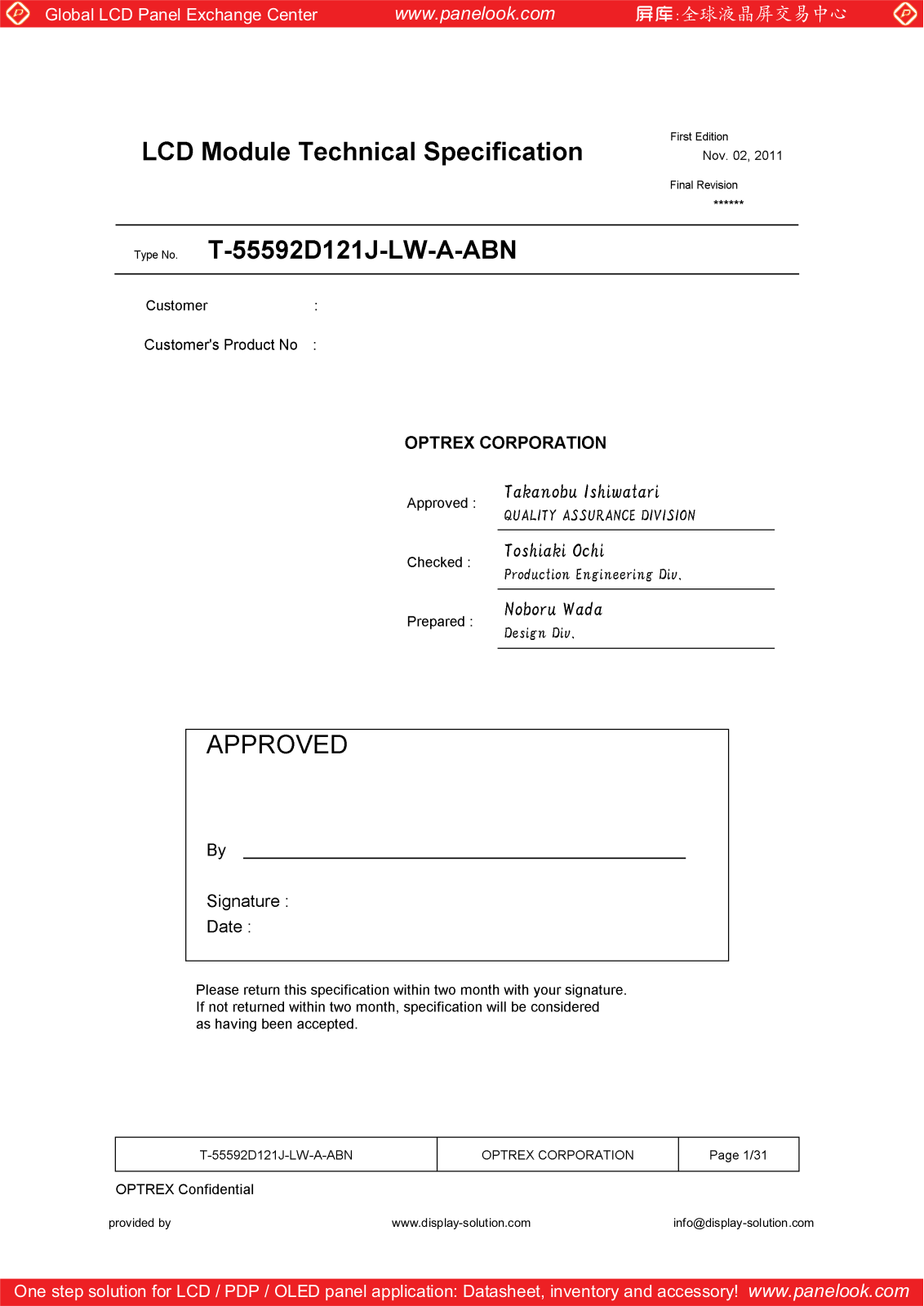 OPTREX T-55592D121J-LW-A-ABN Specification