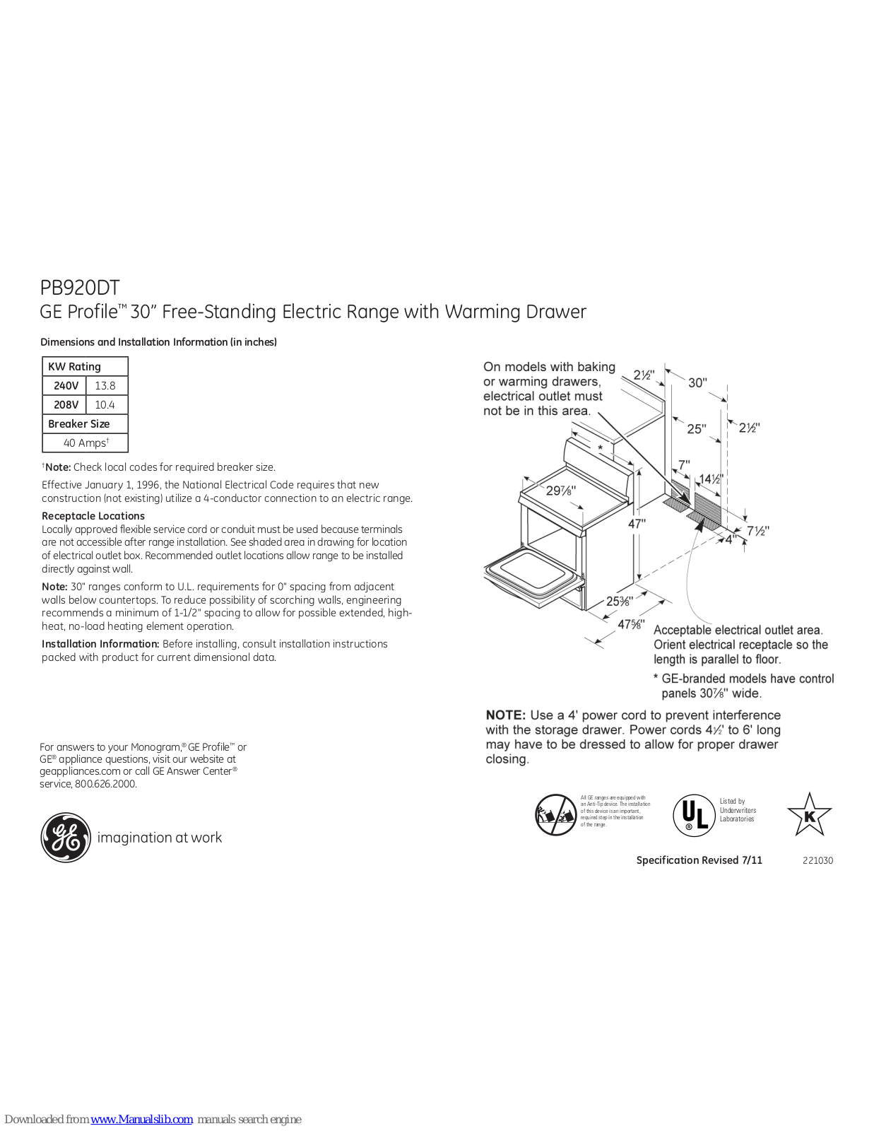 GE Profile PB920DT, Profile PB920DTBB Dimensions And Installation Information