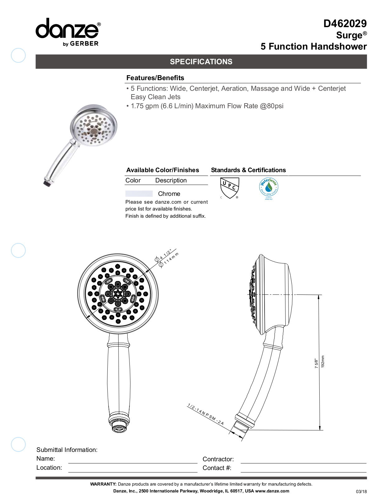 Gerber D462029, D462029BN, D462029BR Specifications