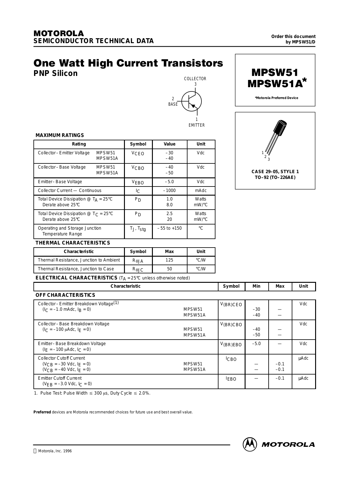 MOTOROLA MPSW51ARLRA, MPSW51ARLRP Datasheet