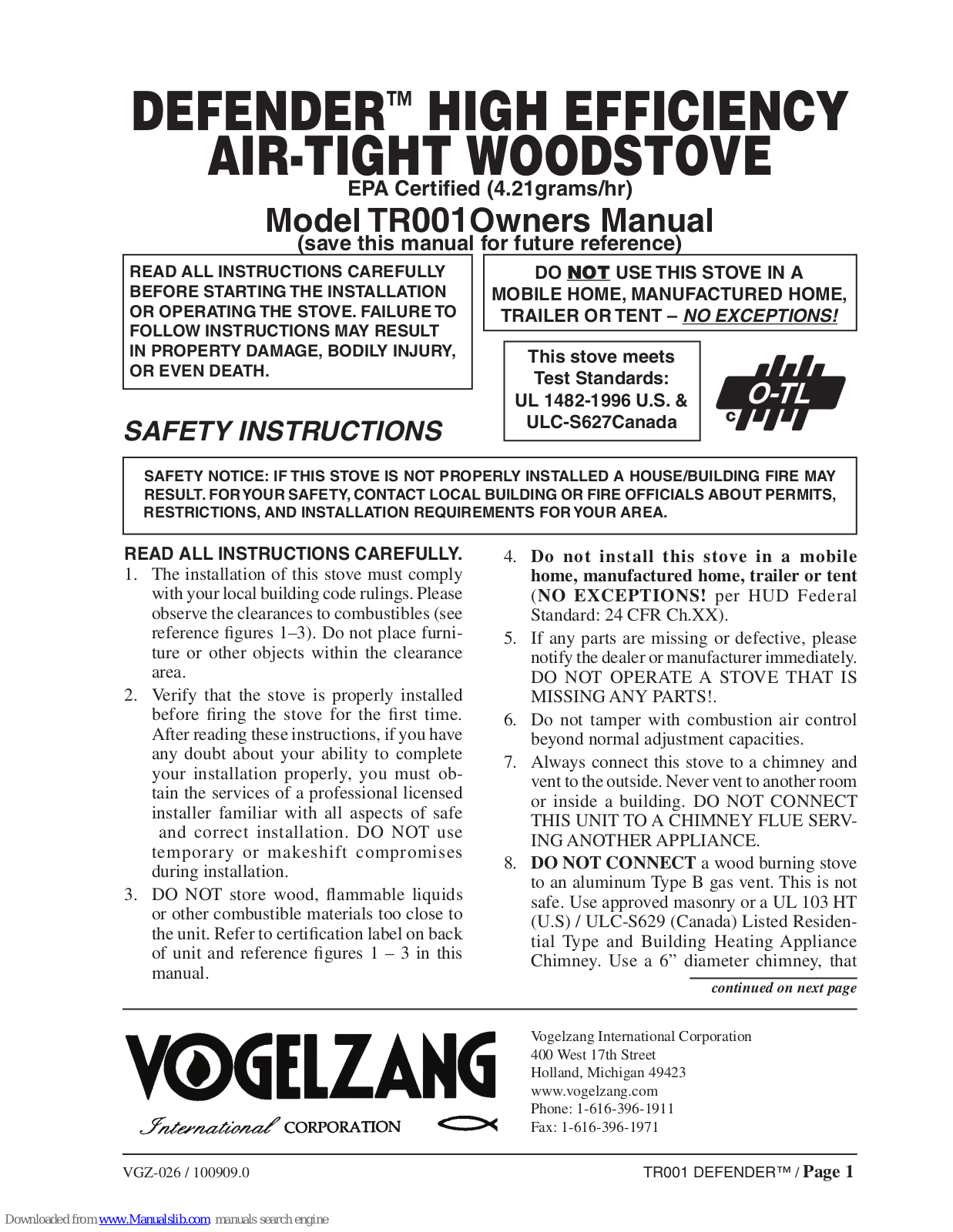 Vogelzang International DEFENDER TR001 Owner's Manual