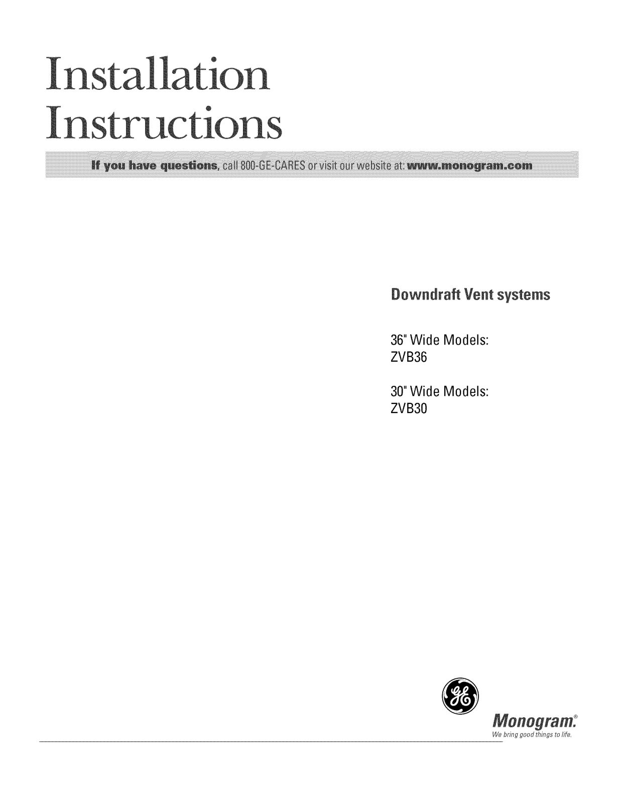 GE ZVB30BH1BB, ZVB30H1BB, ZVB30H1SS, ZVB30H1WW, ZVB30SH1SS Installation Guide - ManualMachine.com