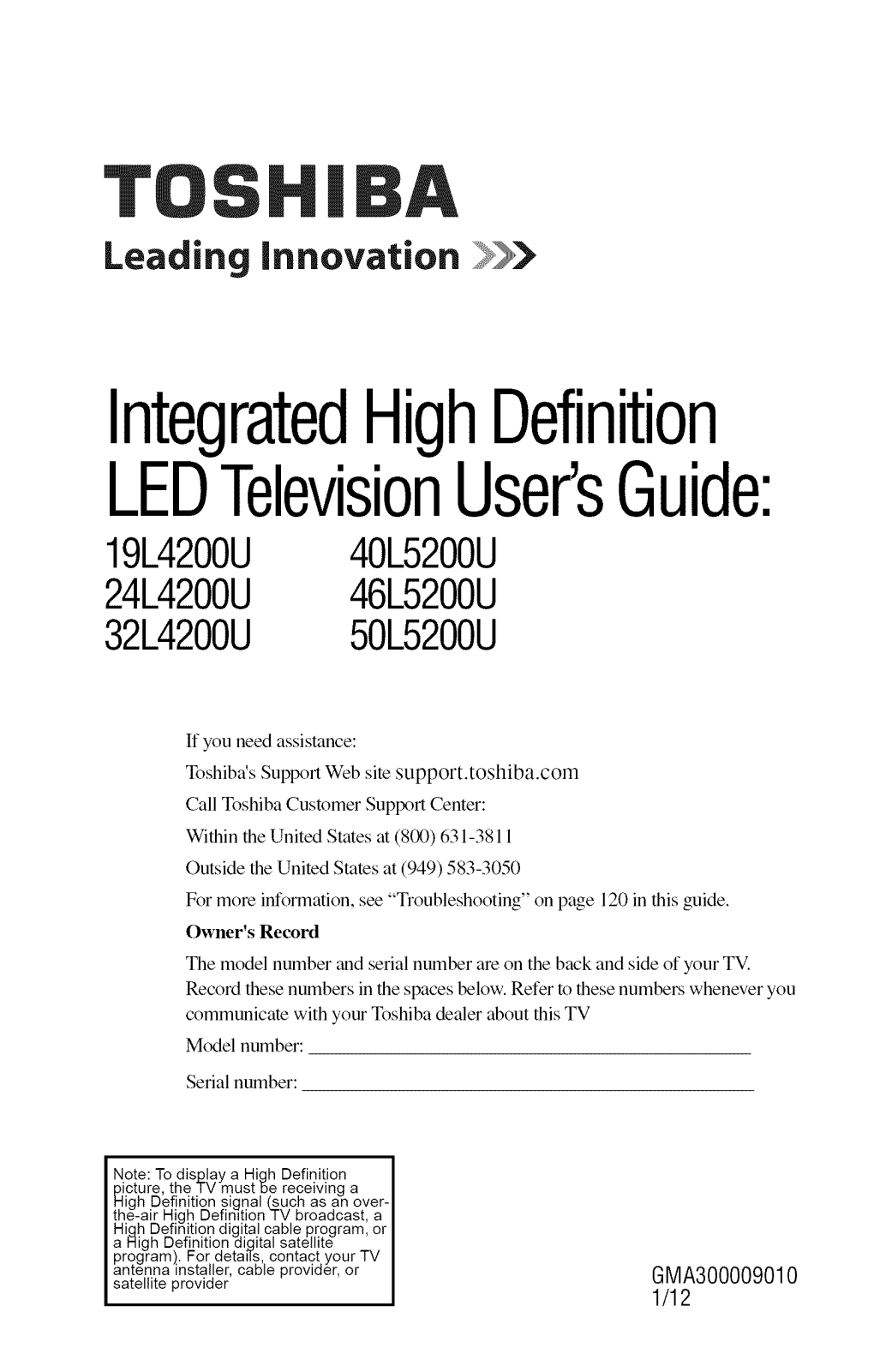 Toshiba 50L5200U, 46L5200U, 40L5200U, 32L4200U, 24L4200U Owner’s Manual