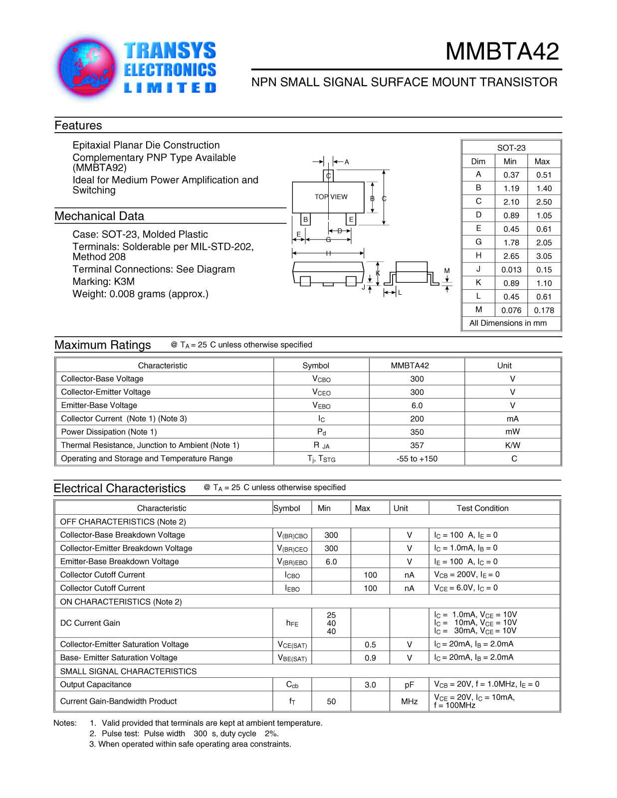 TEL MMBTA42 Datasheet