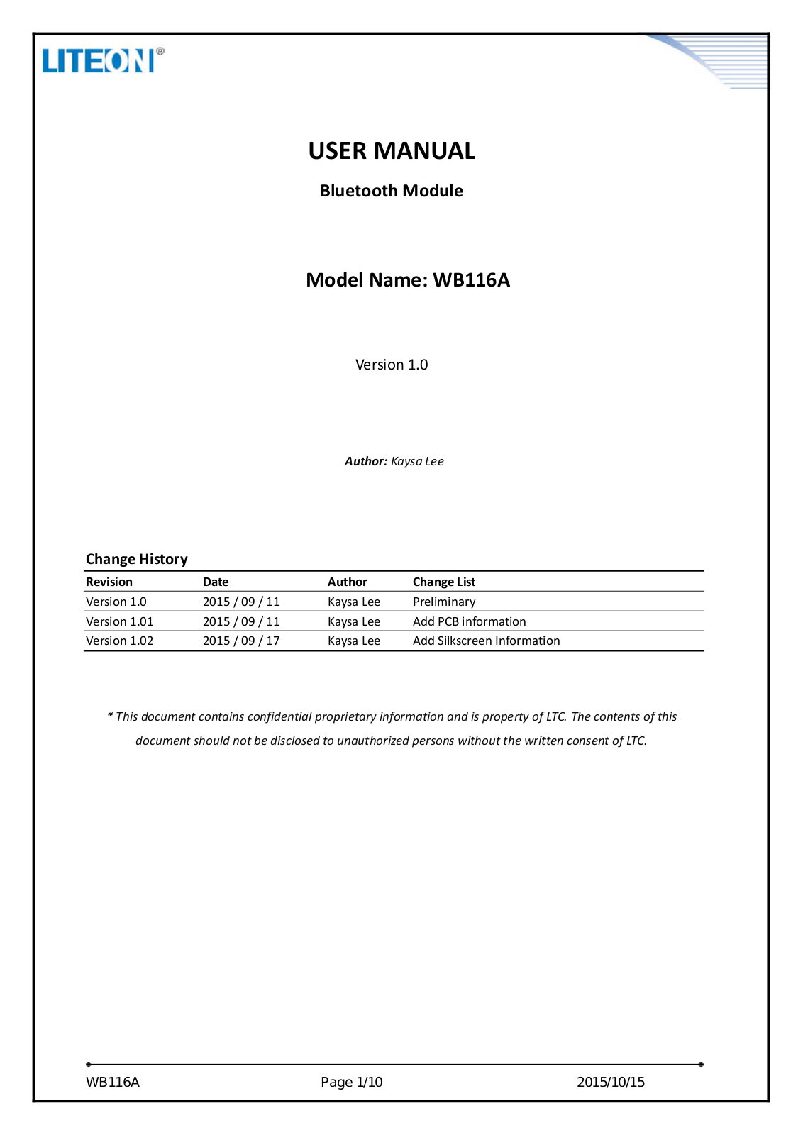 LITE ON TECHNOLOGY WB116A User Manual