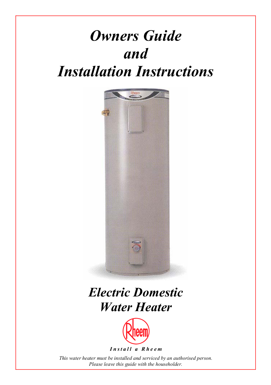 Rheem Electric Domestic Water Heater, Rheemglas, Optima, RheemPlus Installation And Owner's Manual