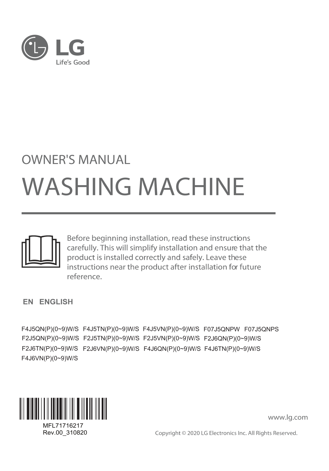 LG F07J5QNPW Owner’s Manual