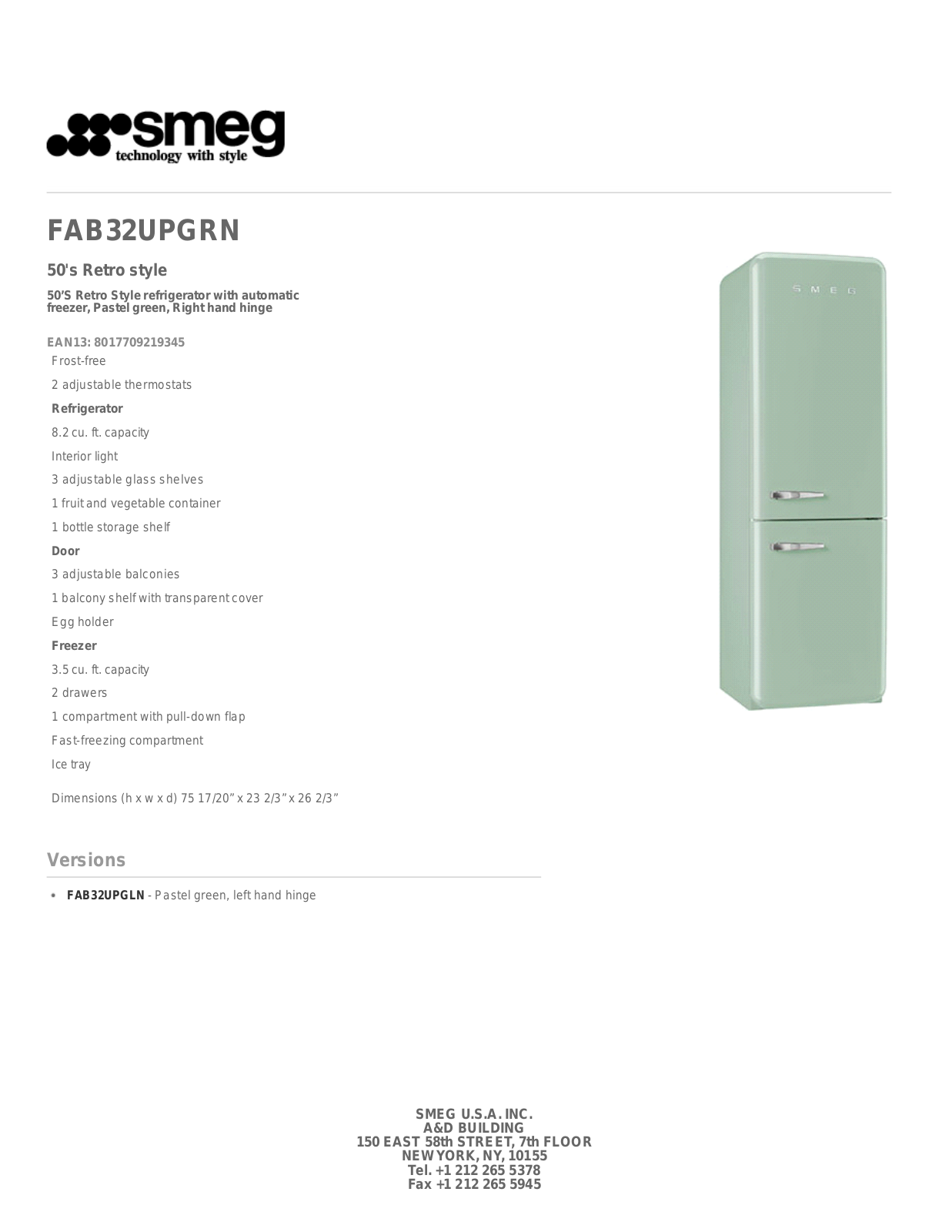 Smeg FAB32UPGRN Specification Sheet