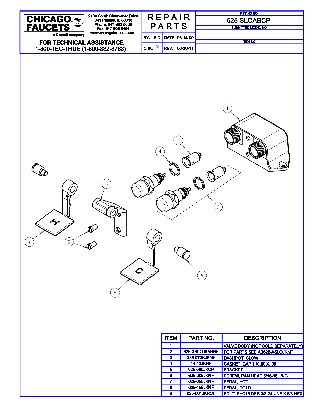 Chicago Faucet 625-SLOABCP Parts List