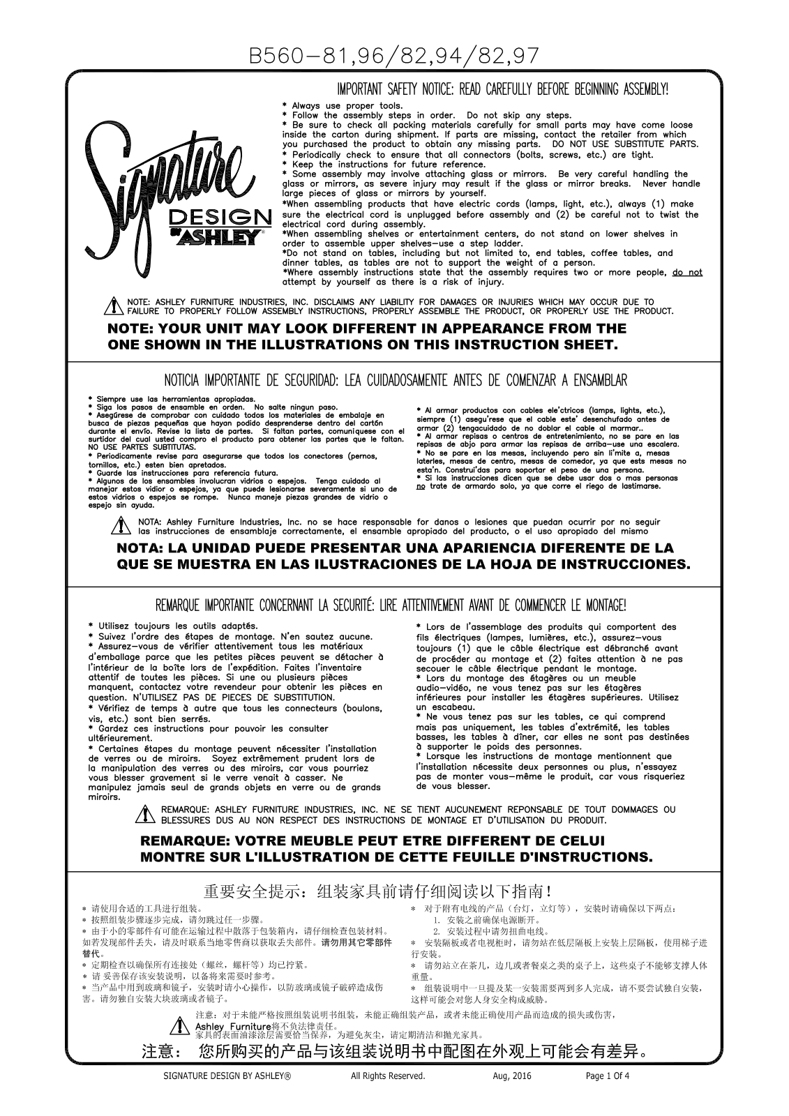 Ashley B5608297, B5608196 Assembly Guide