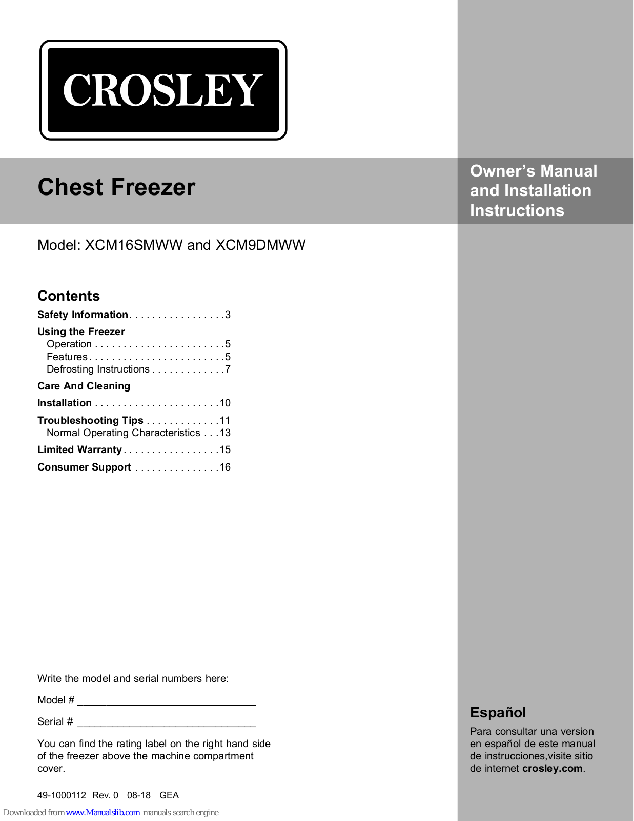 Crosley XCM16SMWW, XCM9DMWW Owner's Manual And Installation Instructions