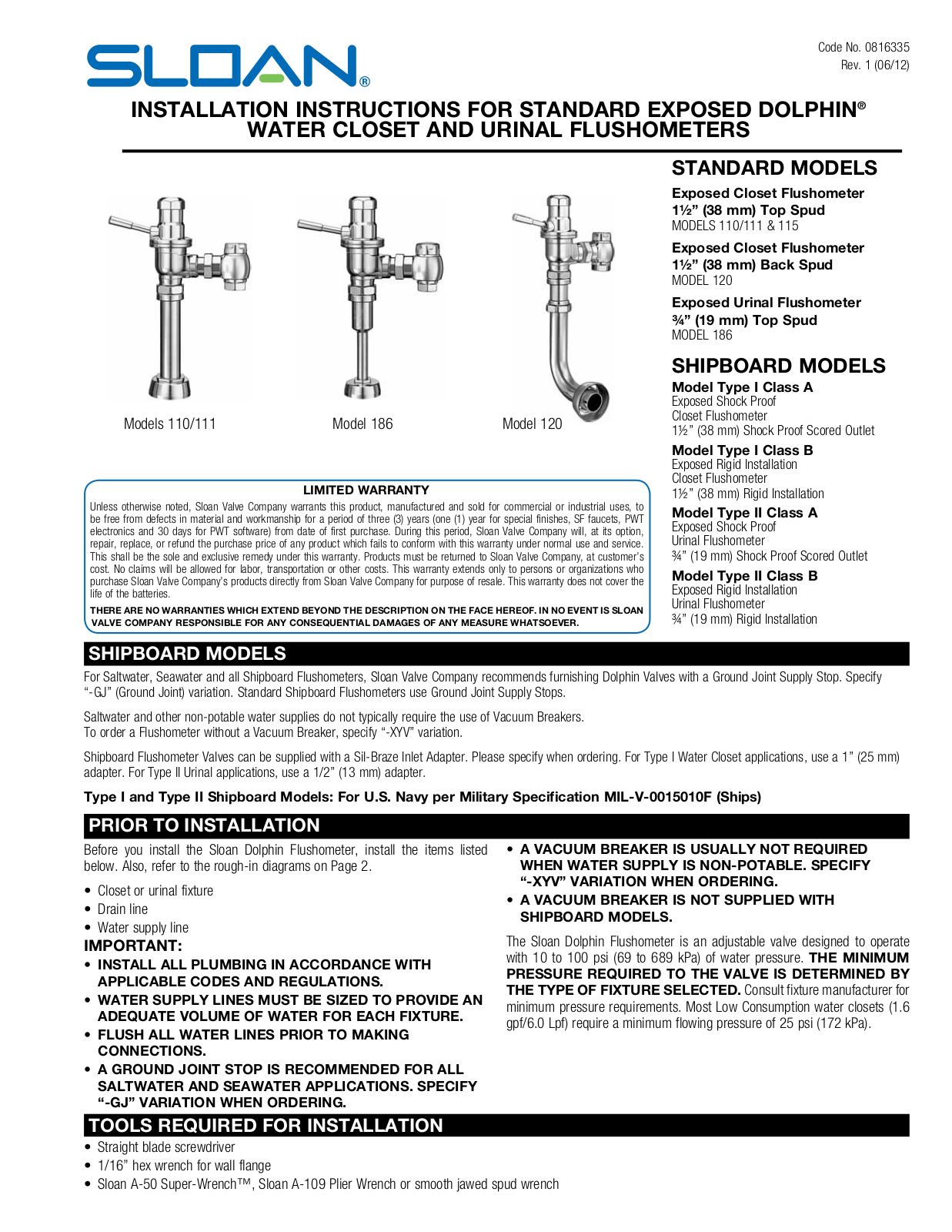 Sloan Dolphin Flushometer User Manual