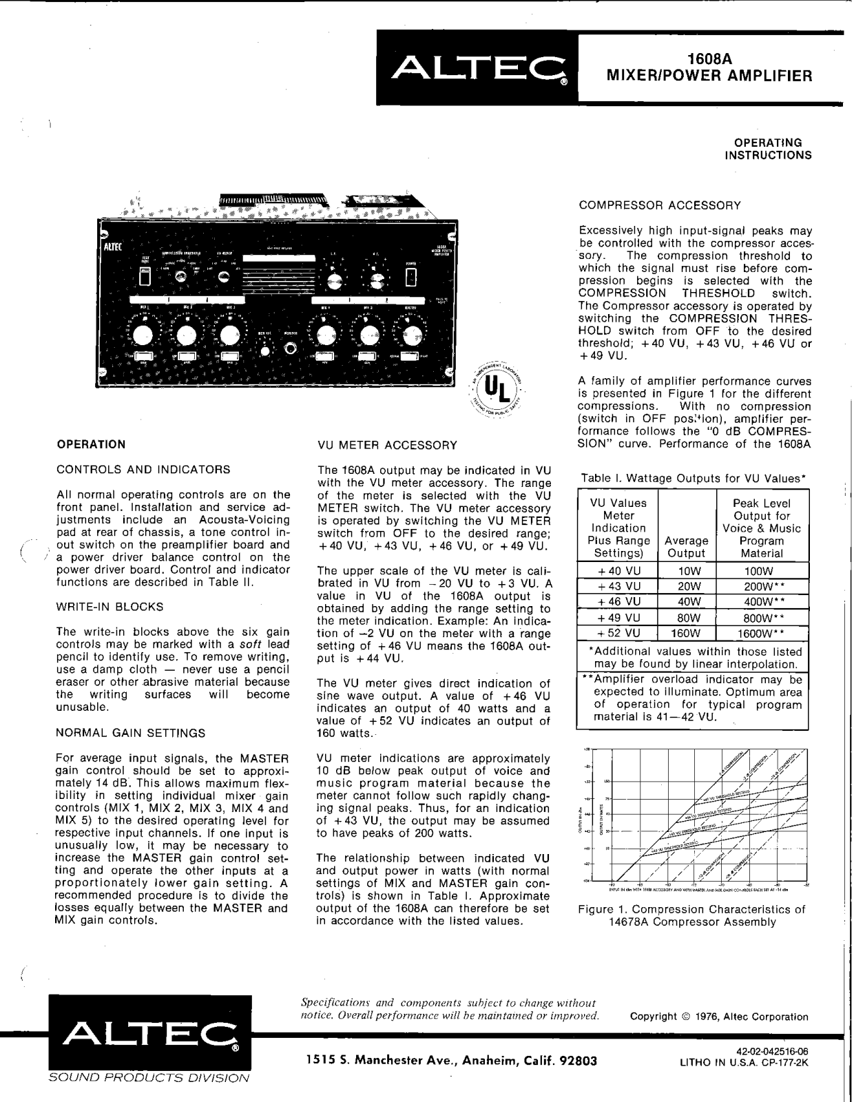 Altec Lansing 1608-A Owners Manual