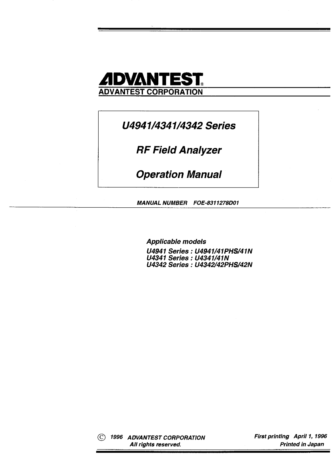 Advantest Corporation U4342N, U4342PHS, U4342, U4341N, U4341 User Manual