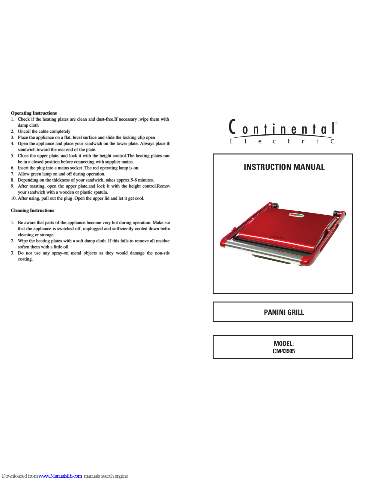 Continental Electric Electric CM43505, CM43505 Instruction Manual