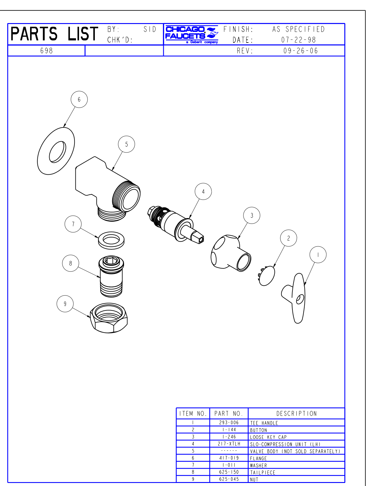 Chicago Faucet 698 Parts List