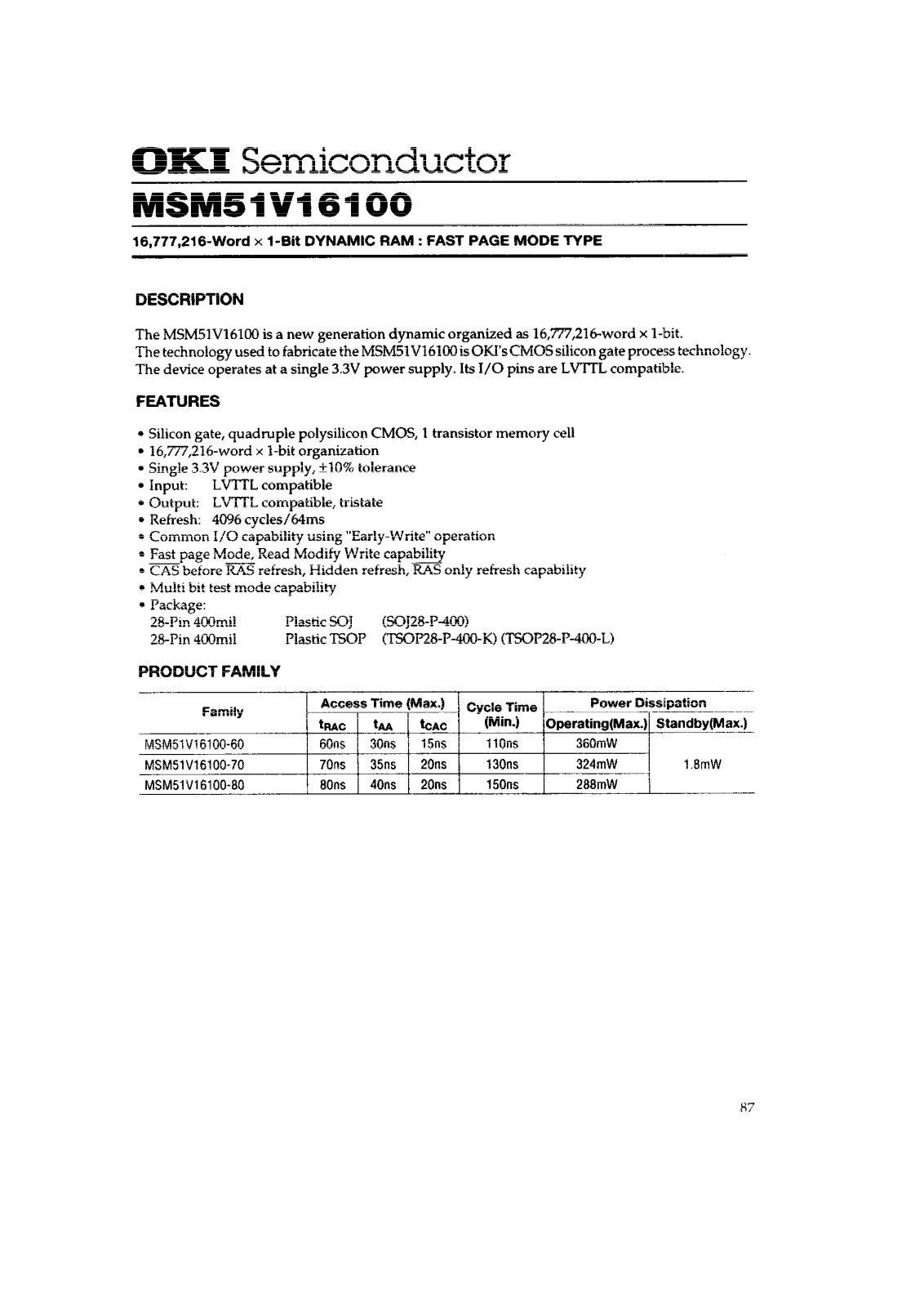 OKI MSM51V16100-80TL, MSM51V16100-80TK, MSM51V16100-70TL, MSM51V16100-70JS, MSM51V16100-60JS Datasheet