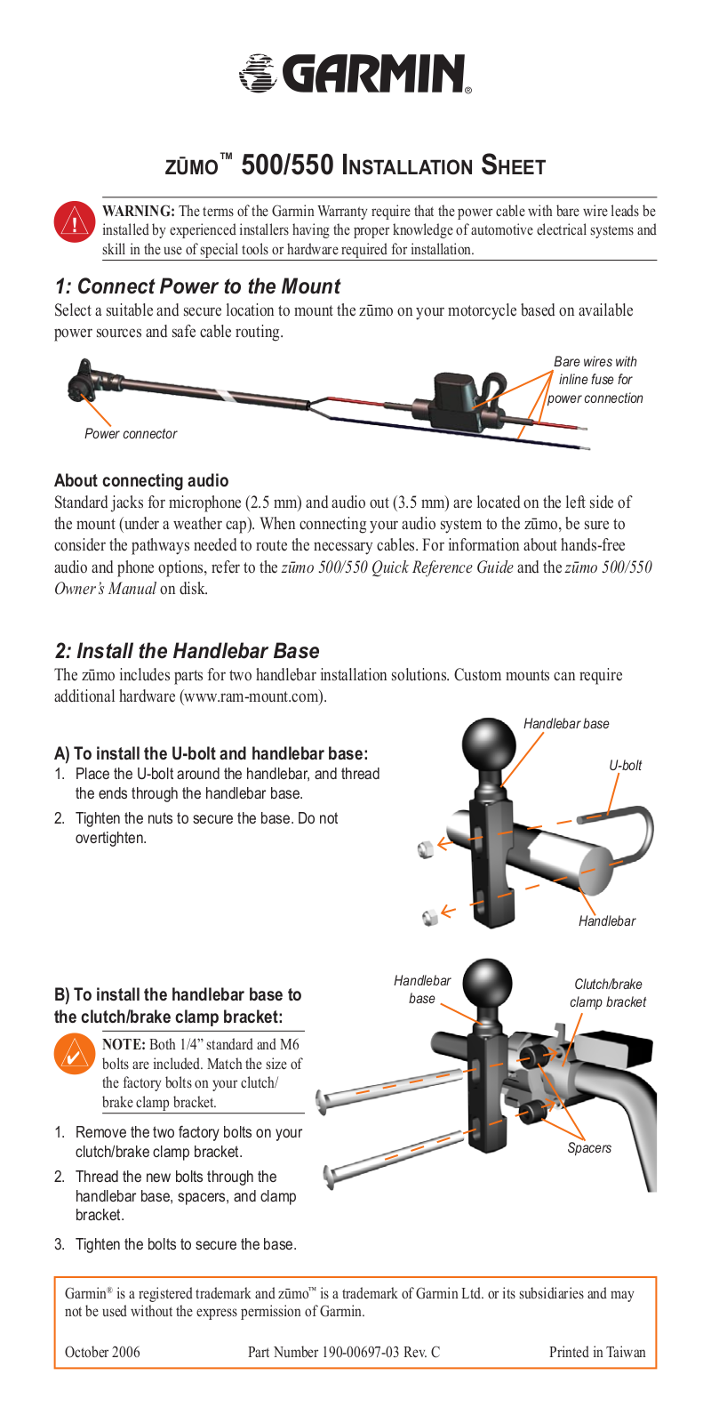 Garmin Handlebar Base 500, Handlebar Base 550 User Manual