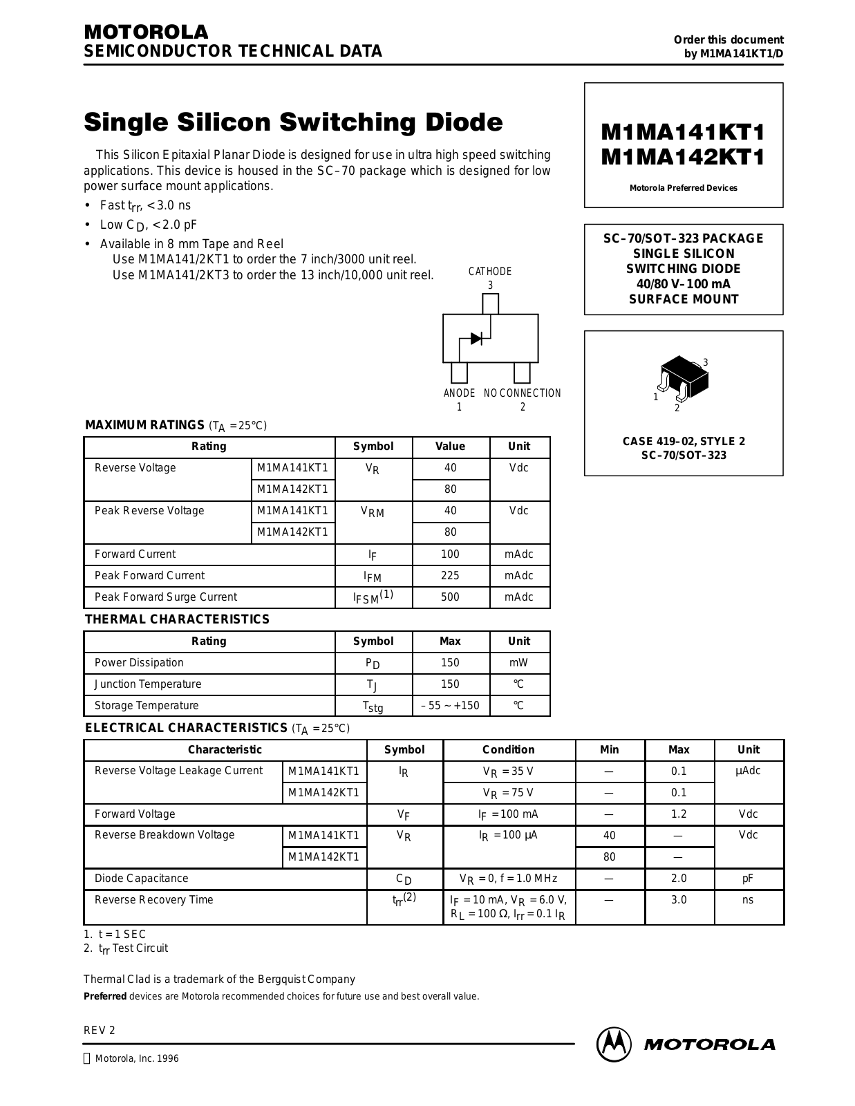 Motorola M1MA142KT1, M1MA141KT1 Datasheet