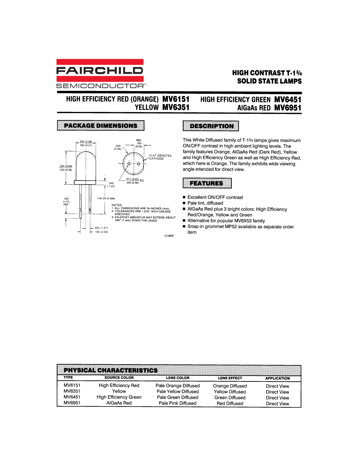 Fairchild Semiconductor MV6151, MV6351, MV6951, MV6451 Datasheet