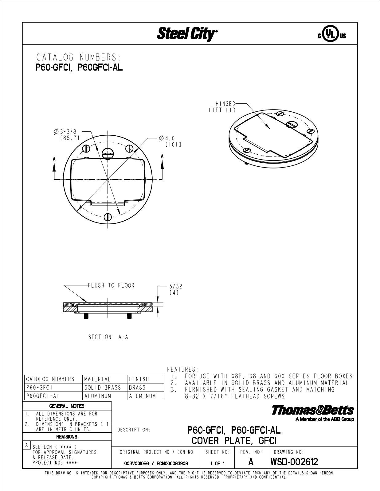 Thomas & Betts P60-GFCI, P60-GFCI-AL Reference Drawing - ManualMachine.com