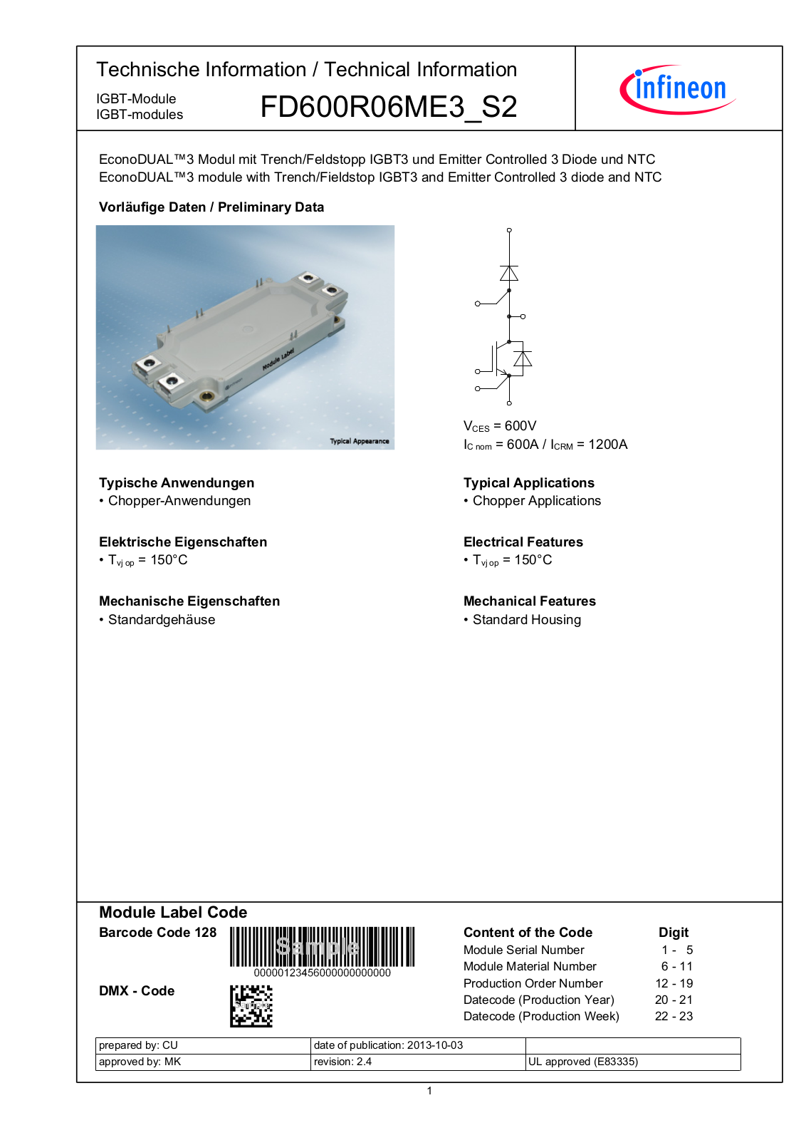 Infineon FD600R06ME3-S2 Data Sheet