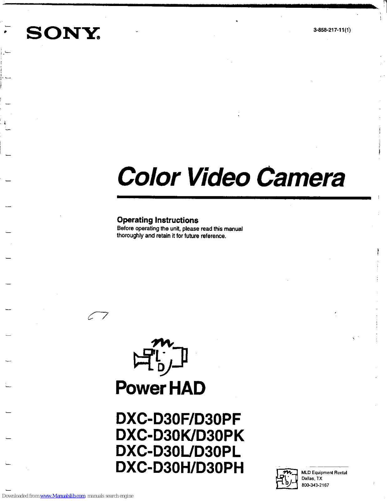 Sony DXC-D30PF, DXC-D30L, DXC-D30K, DXC-D30PK, DXC-D30PL Operating Instructions Manual